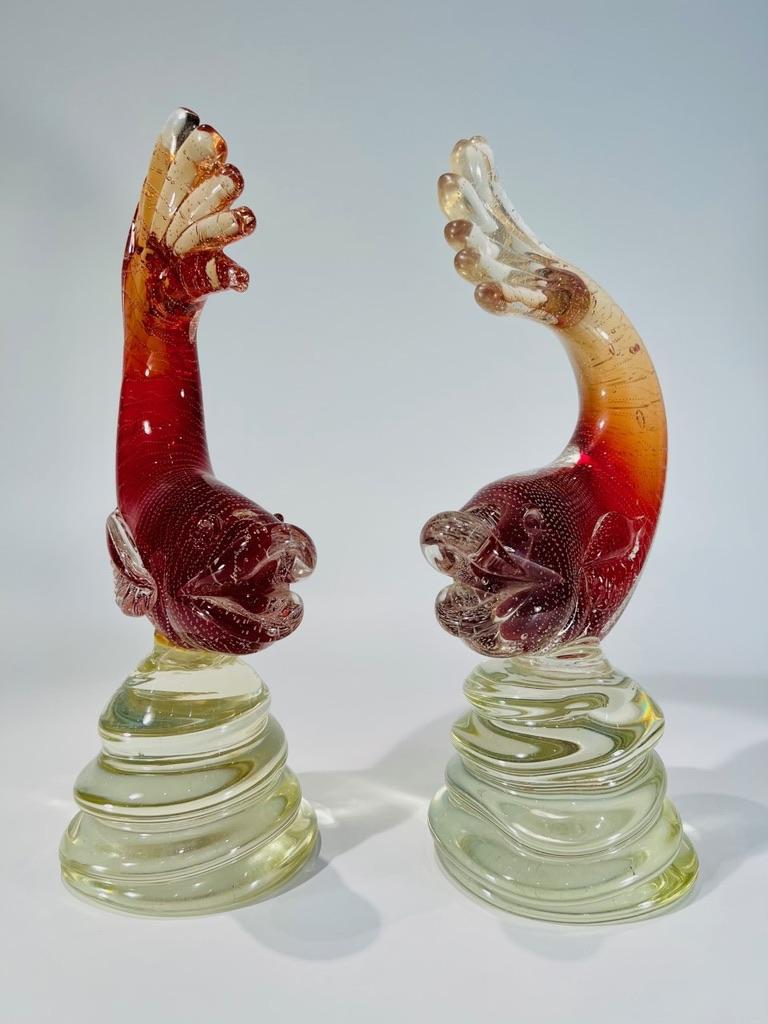 International Style Archimede Seguso pair of sculptures in Murano glass red fishes 1950 For Sale