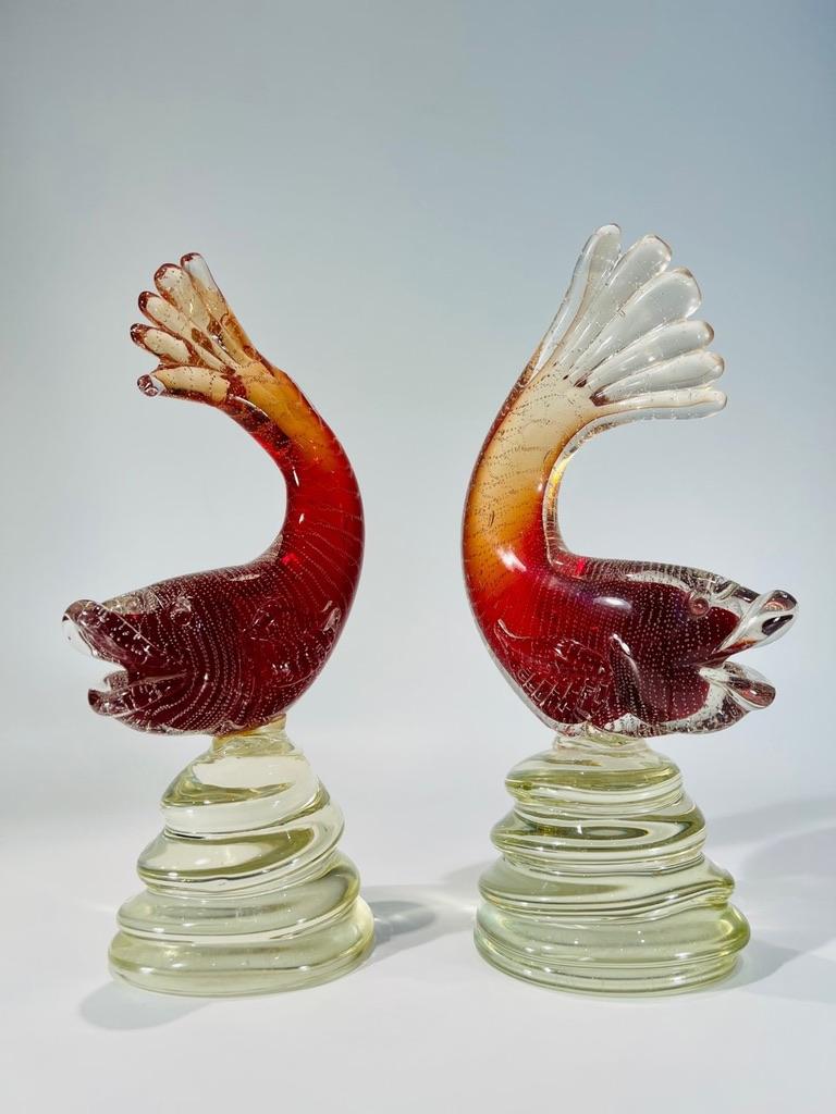 Italian Archimede Seguso pair of sculptures in Murano glass red fishes 1950 For Sale