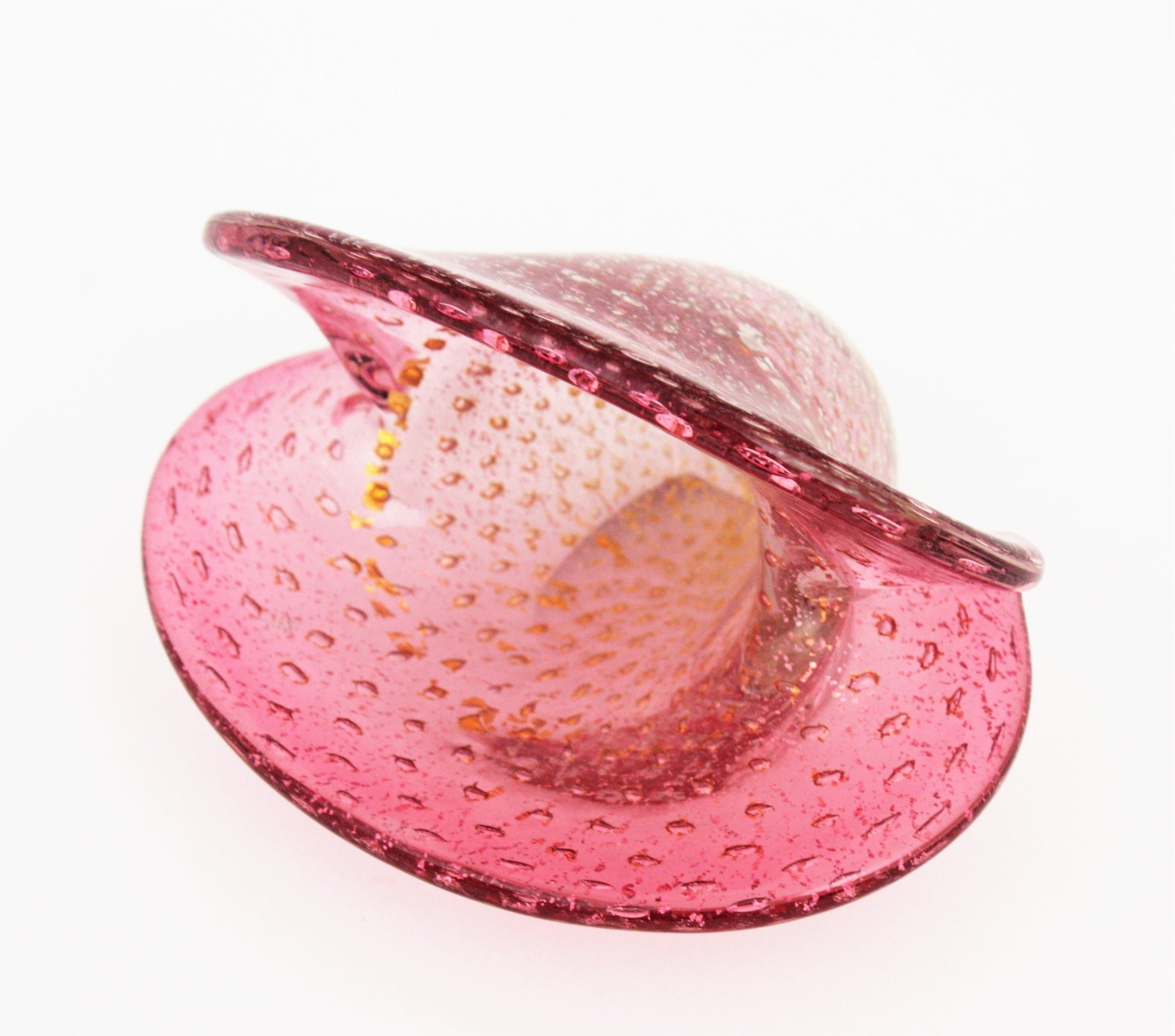 Archimede Seguso Pink Murano Glass Bullicante Clam Shell Bowl with Gold Flecks For Sale 1