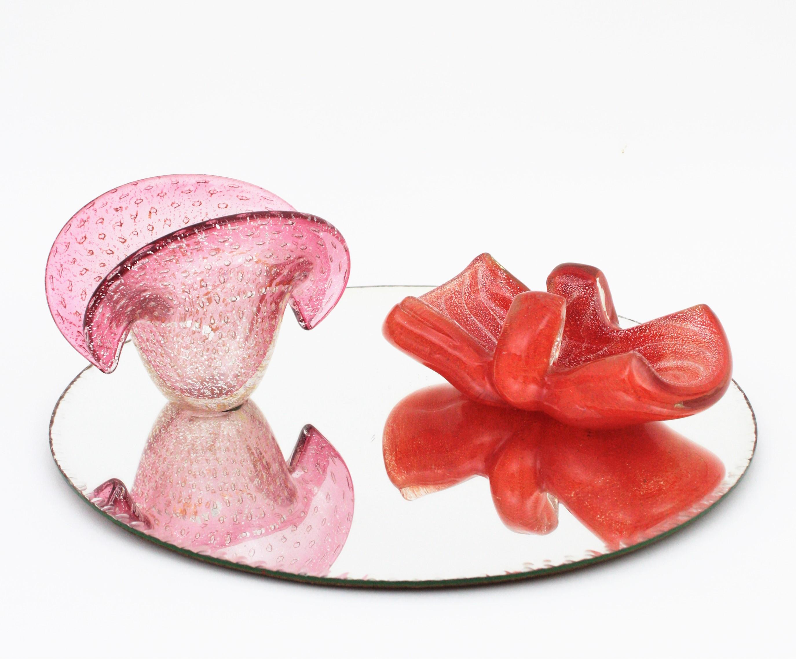 Mid-Century Modern Archimede Seguso Pink Murano Glass Bullicante Clam Shell Bowl with Gold Flecks For Sale