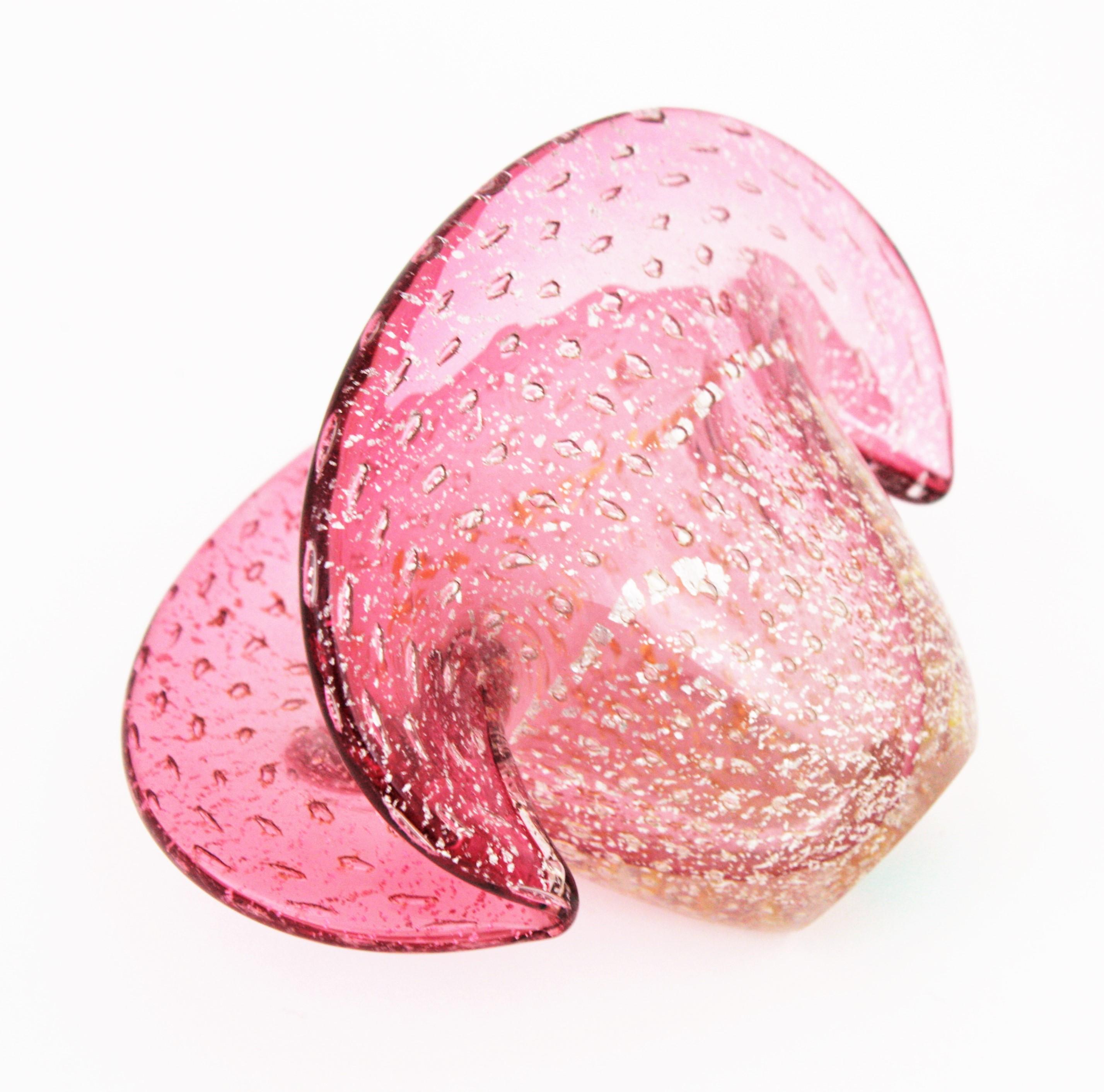 Italian Archimede Seguso Pink Murano Glass Bullicante Clam Shell Bowl with Gold Flecks For Sale
