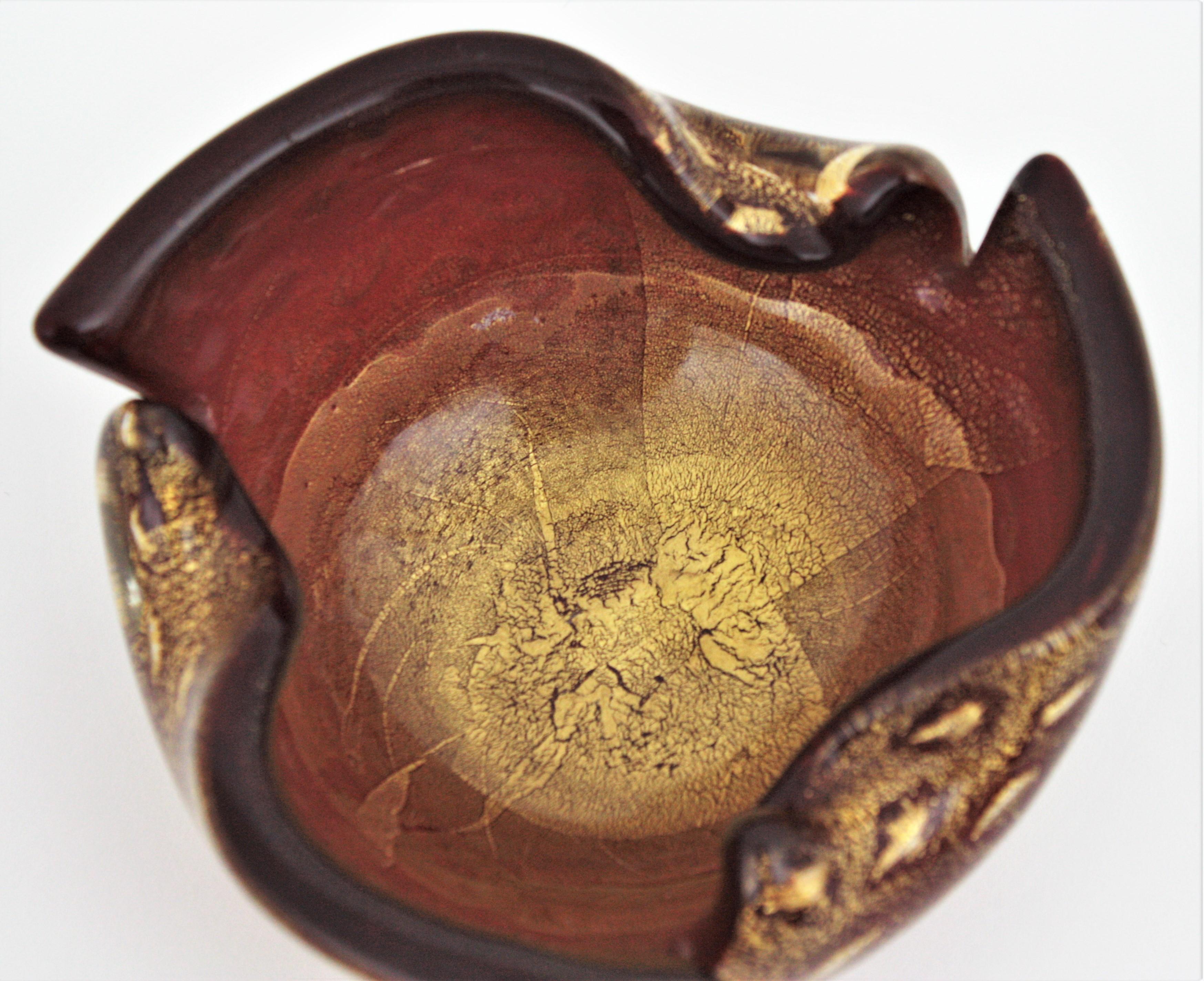 Archimede Seguso Burgundy Red Gold Flecks Bullicante Italian Art Glass Bowl For Sale 5