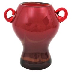 Archimede Seguso Red Toffee Art Glass Vase with Handles, Italy, 1950s