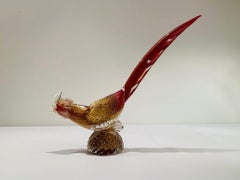 Archimede Seguso 'rubino' Murano glass with bubbles and gold 1950 cock.
