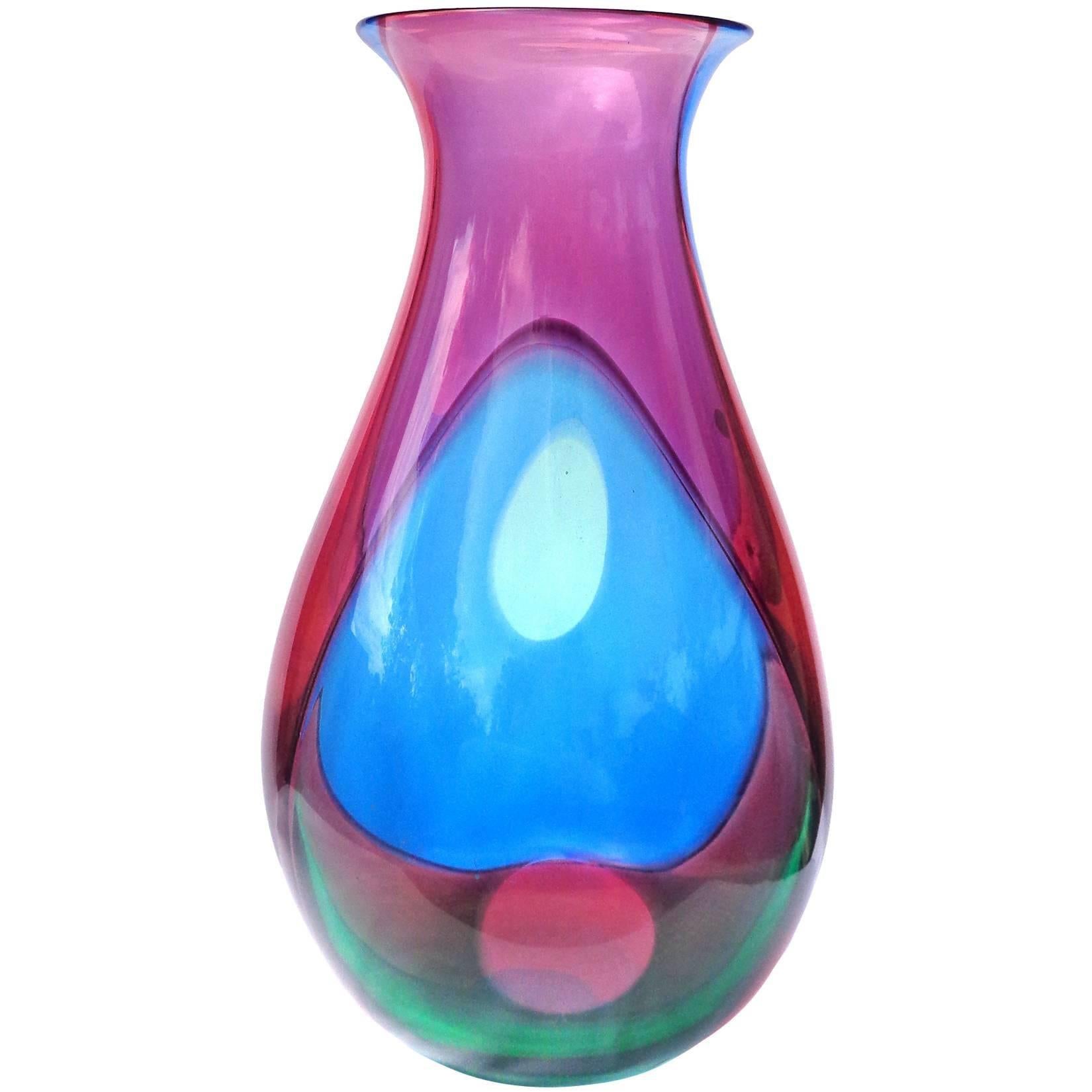 Modern Archimede Seguso Signed Murano Blue Red Green Carnevale Italian Art Glass Vase For Sale