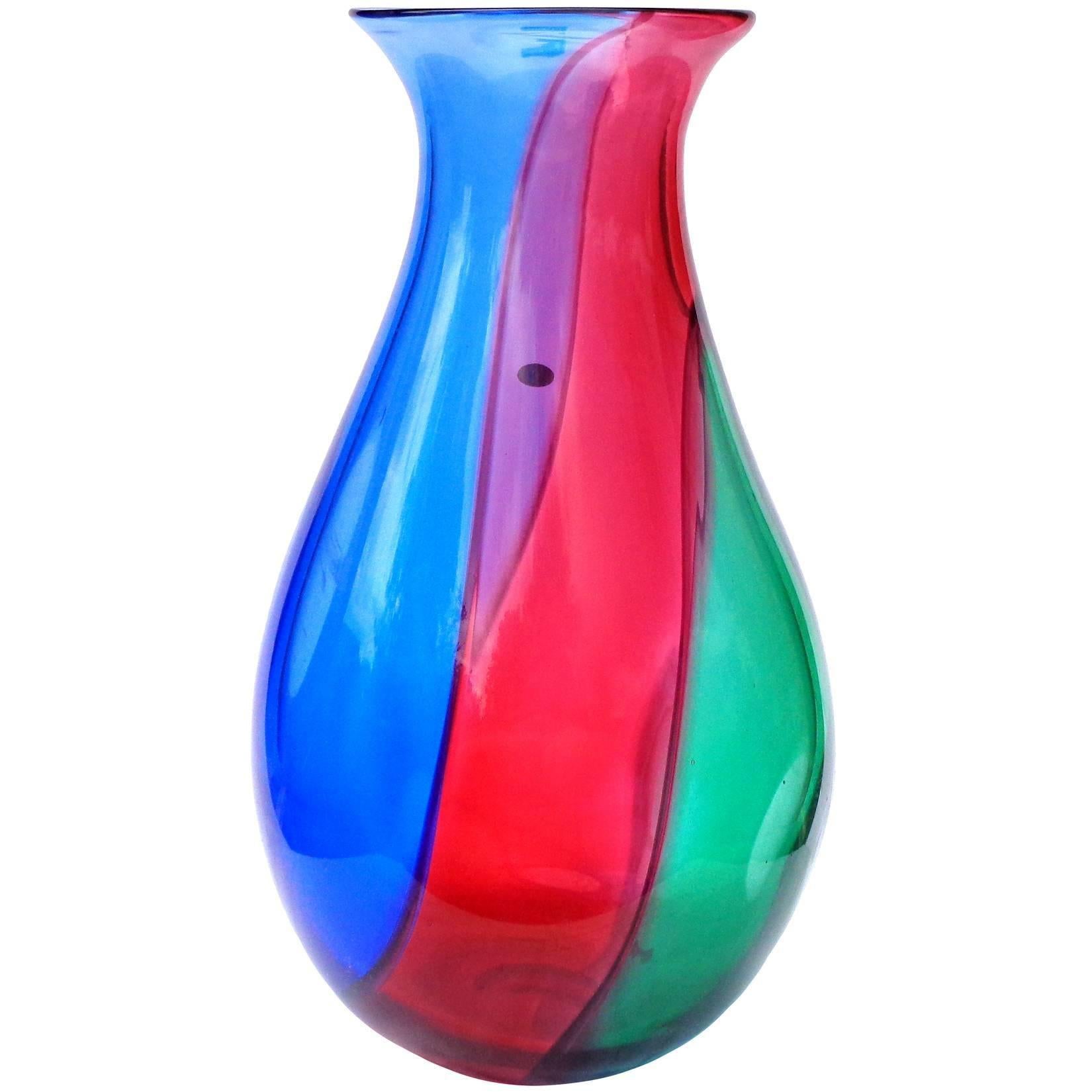 Archimede Seguso Signed Murano Blue Red Green Carnevale Italian Art Glass Vase In Good Condition For Sale In Kissimmee, FL
