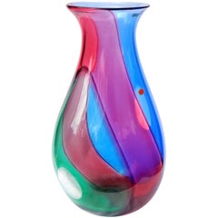 Archimede Seguso Signed Murano Blue Red Green Carnevale Italian Art Glass Vase