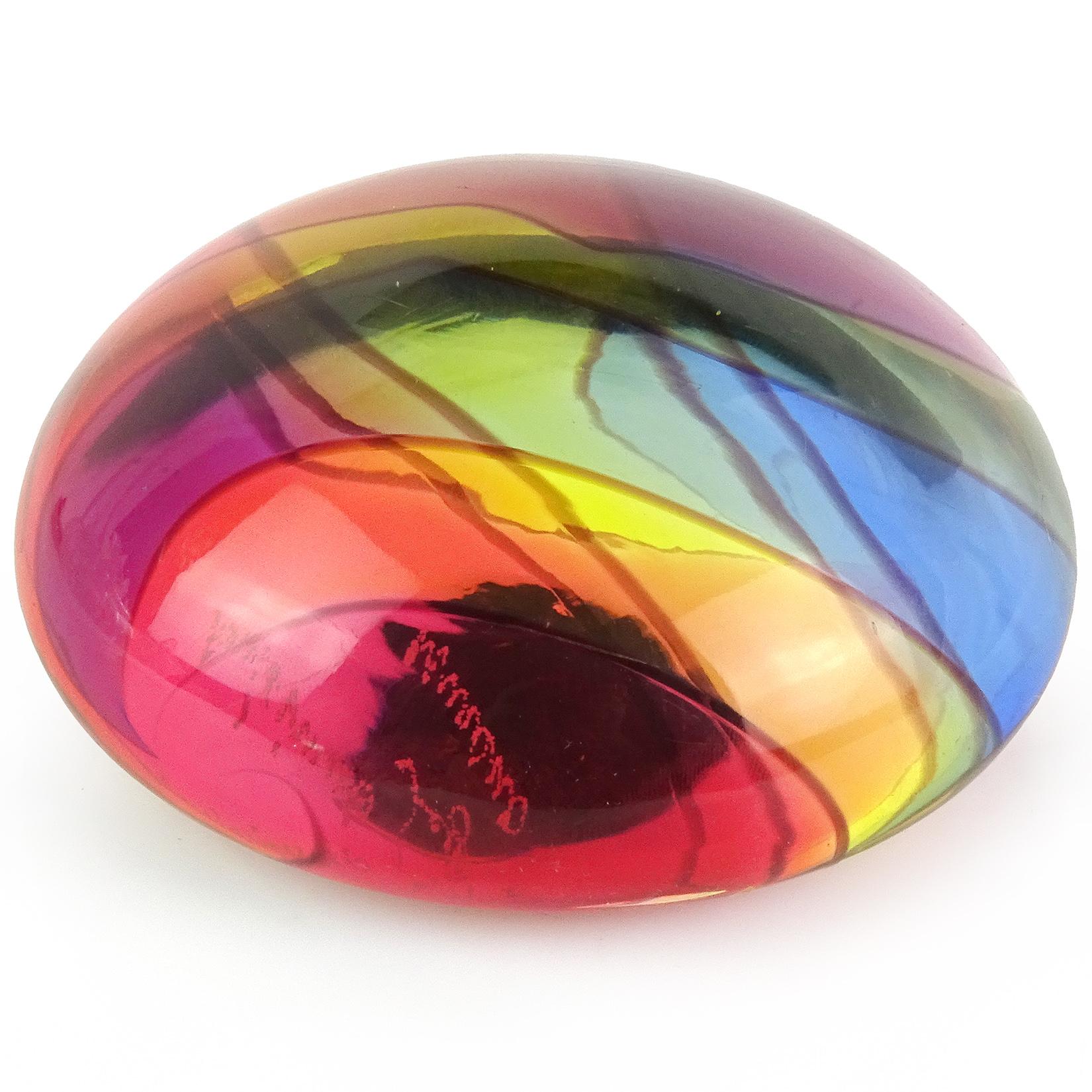 Modern Archimede Seguso Signed Murano Rainbow Swirl Italian Art Glass Paperweight