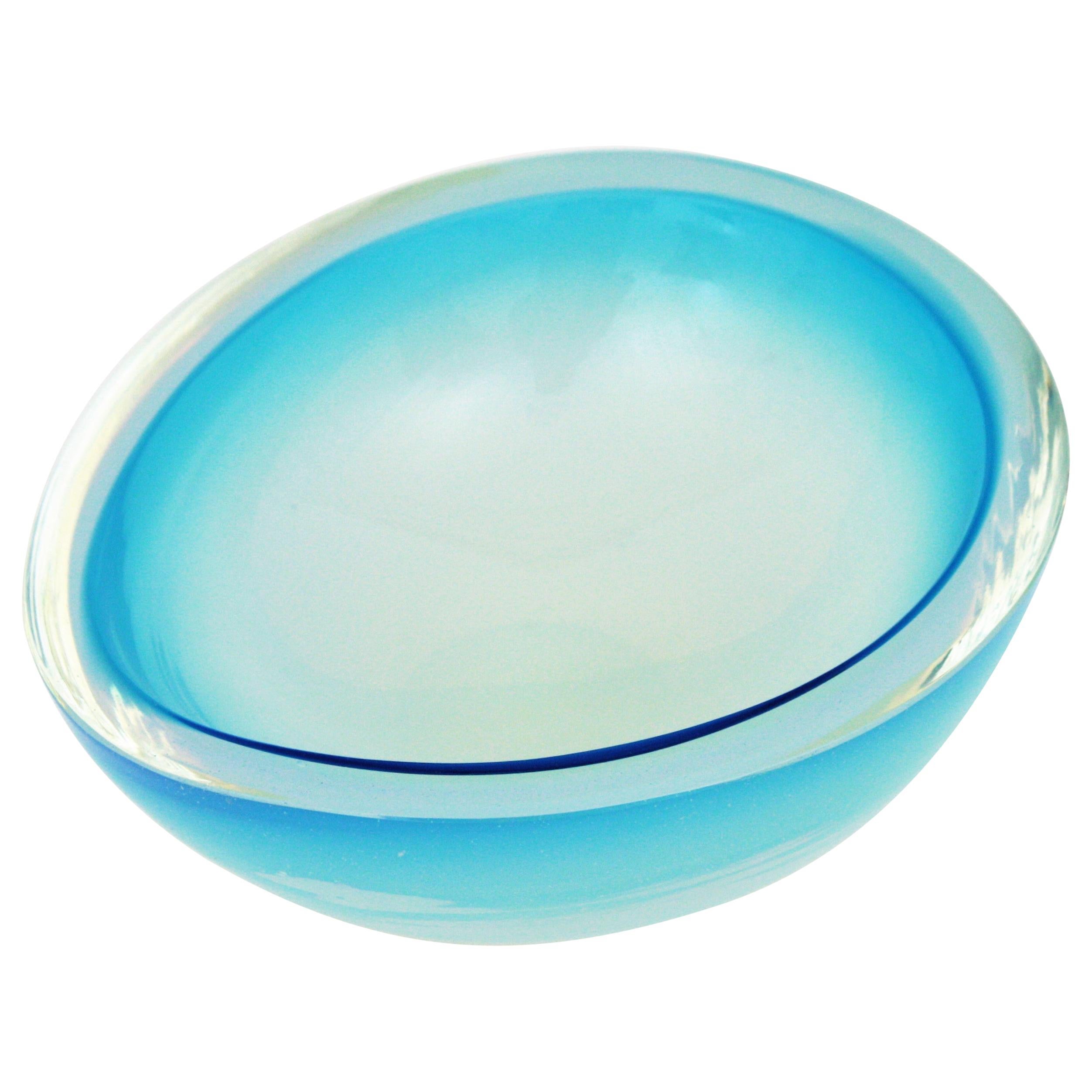 Italian Archimede Seguso Murano Sommerso Opal Blue Art Glass Ovoid Centerpiece Bowl