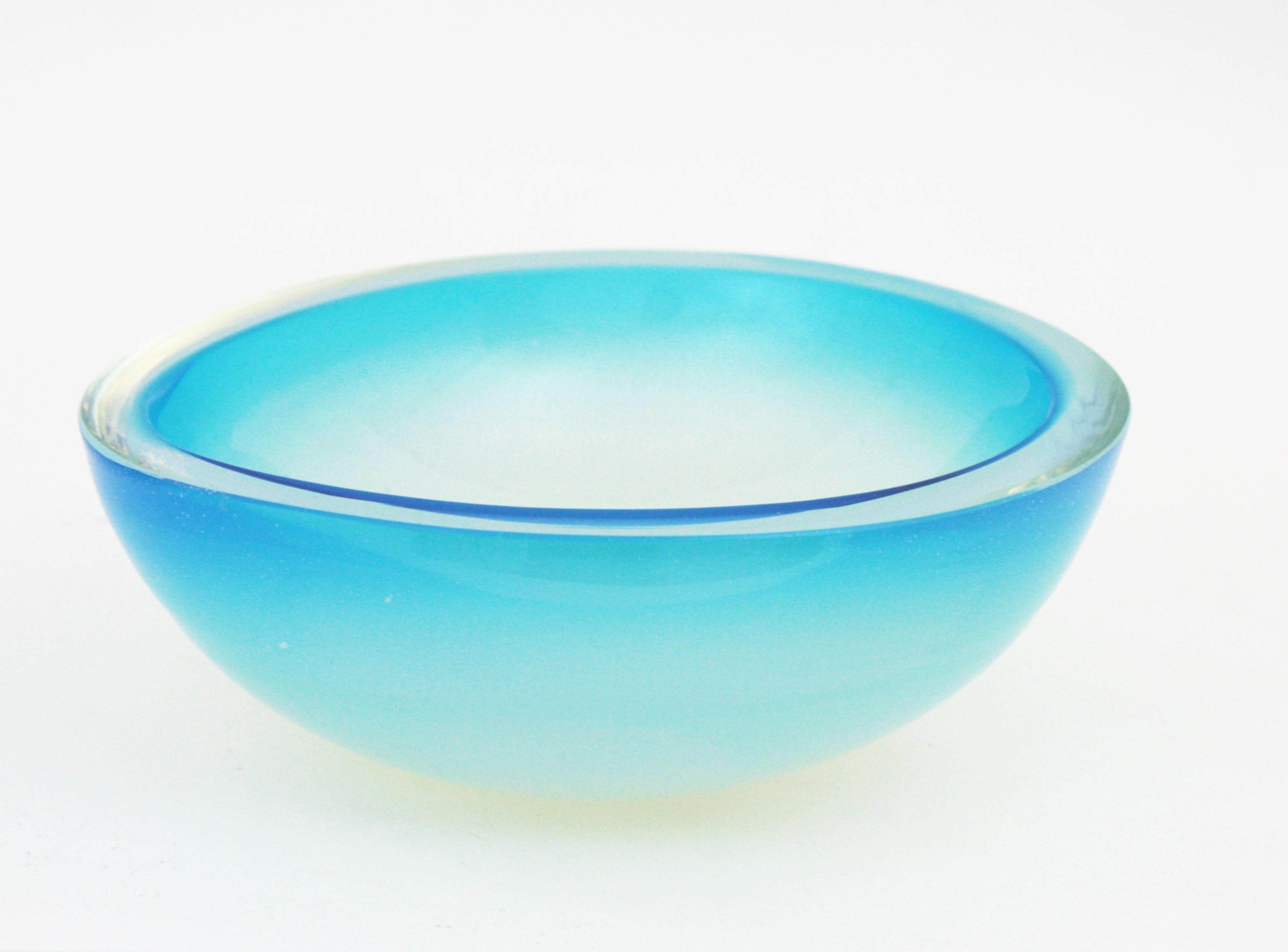 Archimede Seguso Murano Sommerso Opal Blue Art Glass Ovoid Centerpiece Bowl 1