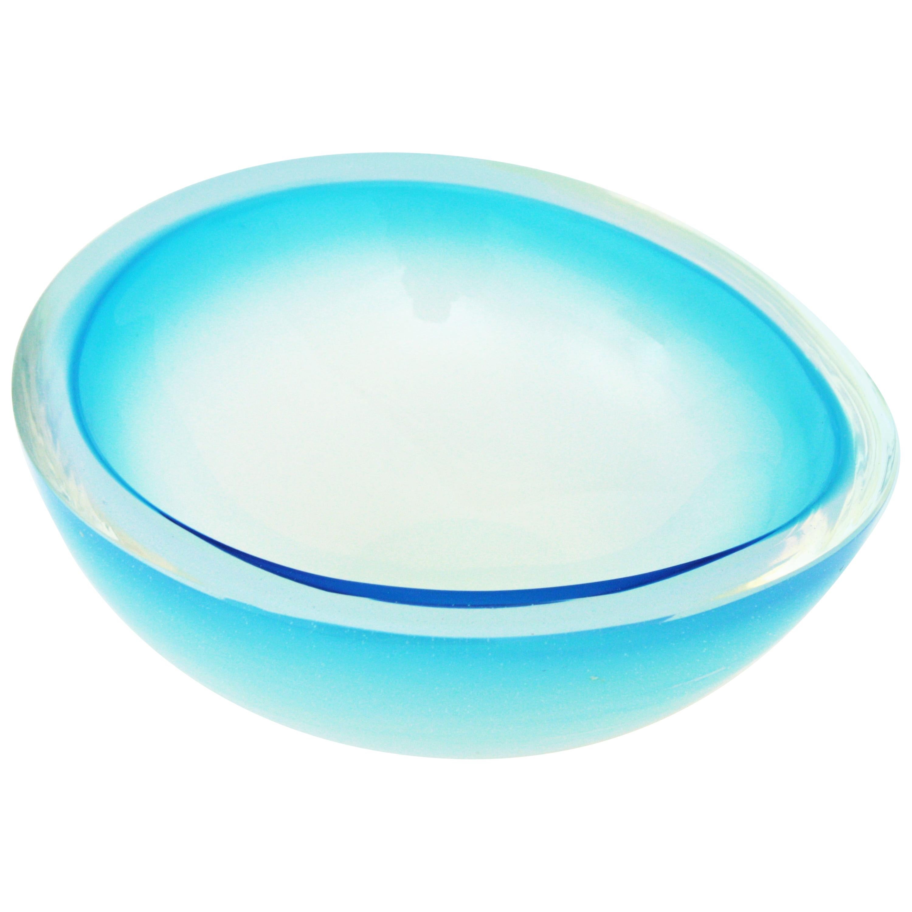 Archimede Seguso Murano Sommerso Opal Blue Art Glass Ovoid Centerpiece Bowl