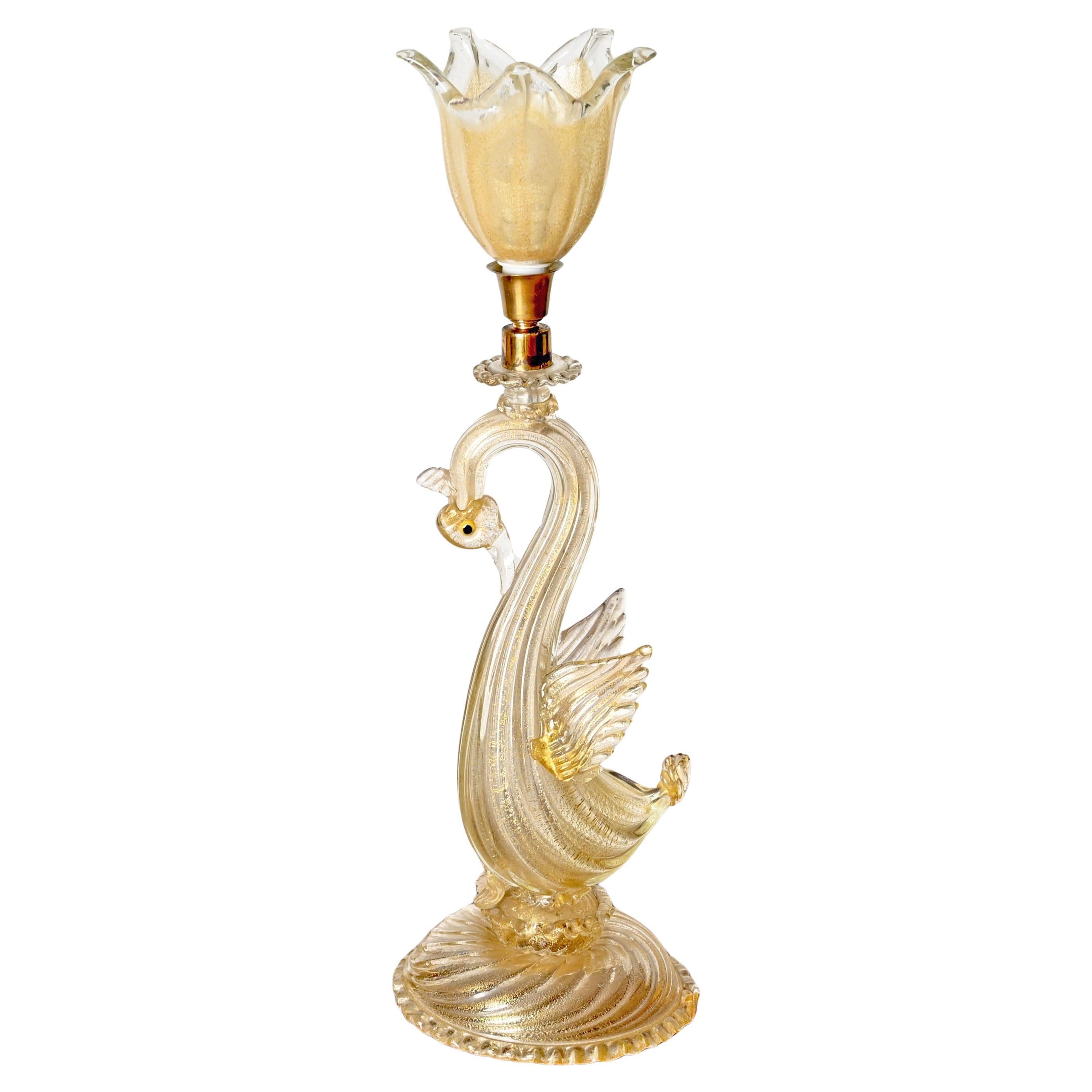 Archimede Seguso Swan Table Lamp Murano 24k Gold Glass, Italy 1950s