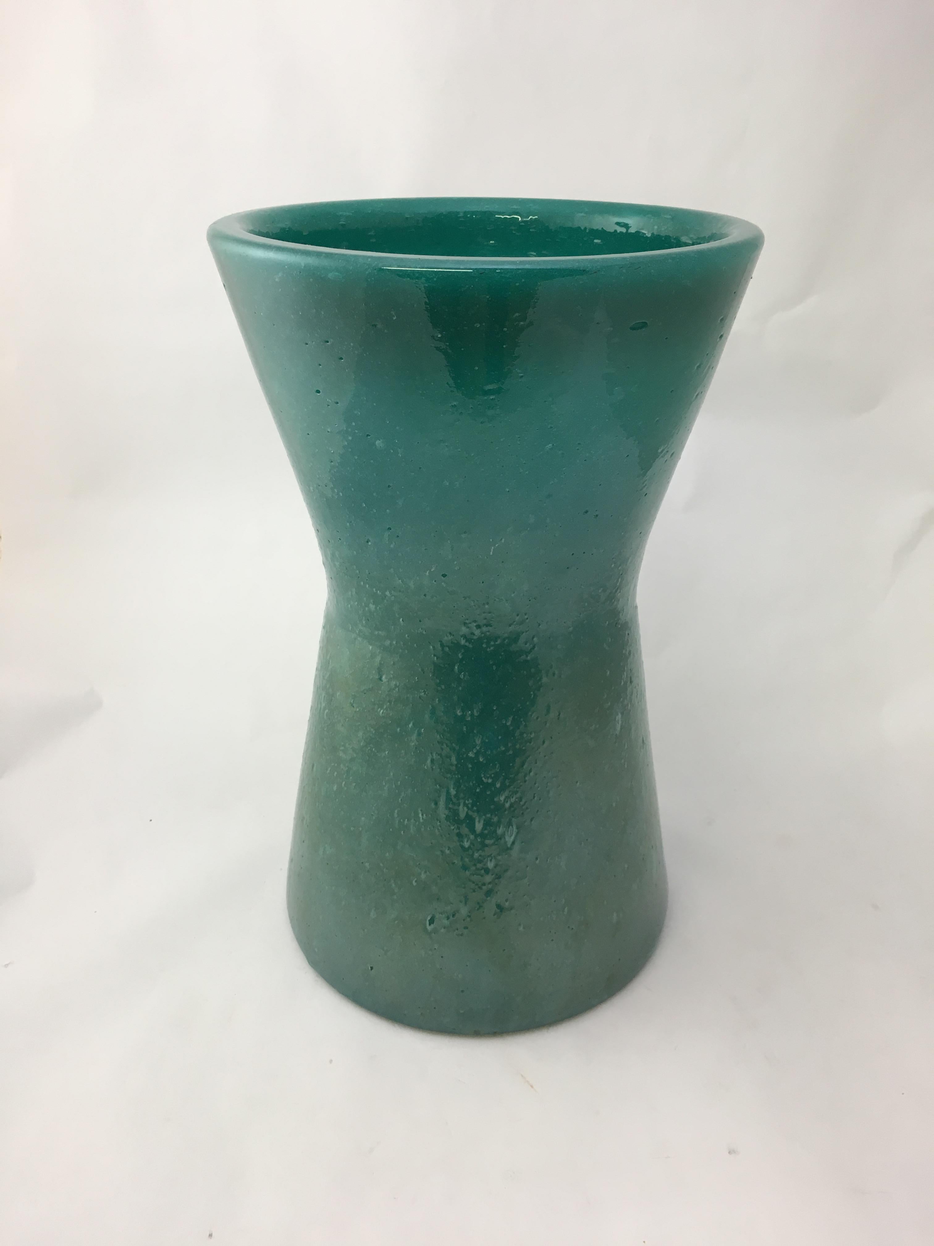 Mid-Century Modern Archimede Seguso Teal Pulegoso Hour Glass Vase