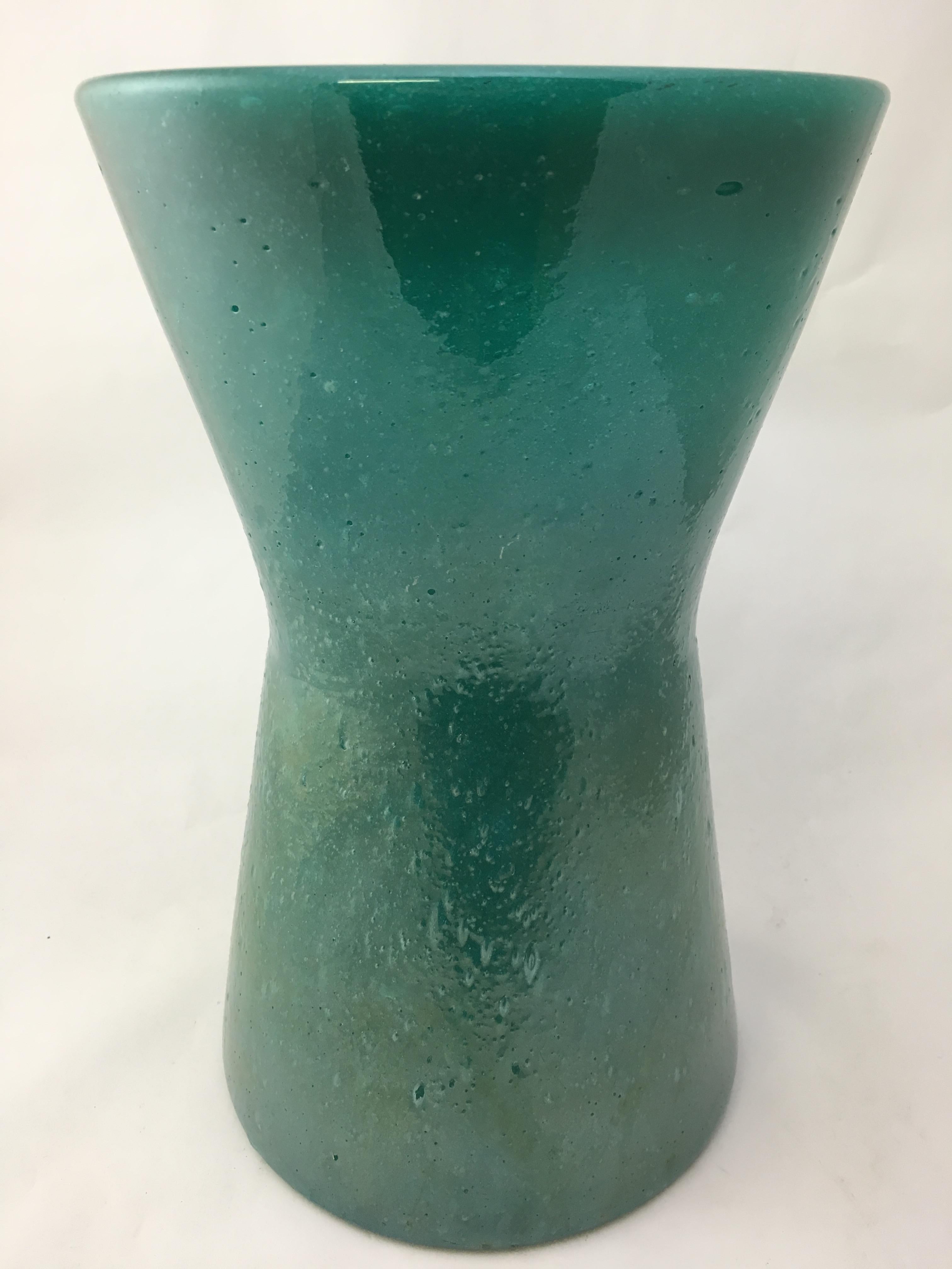 Italian Archimede Seguso Teal Pulegoso Hour Glass Vase