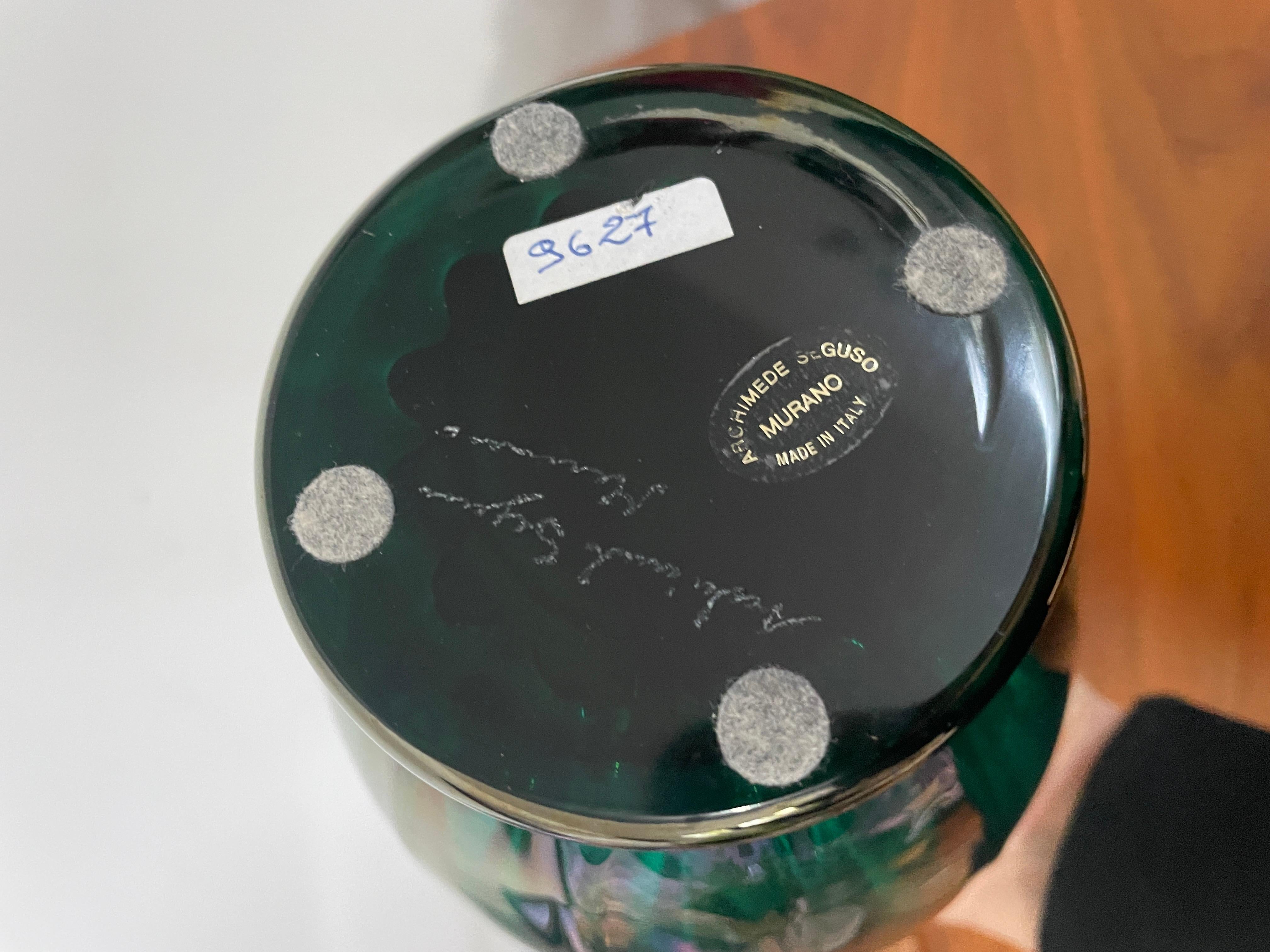 Modern Archimede Seguso Vase, Green Glass with Iridescence, Serenella Signed  For Sale