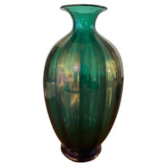 Vintage Archimede Seguso Vase, Green Glass with Iridescence, Serenella Signed 