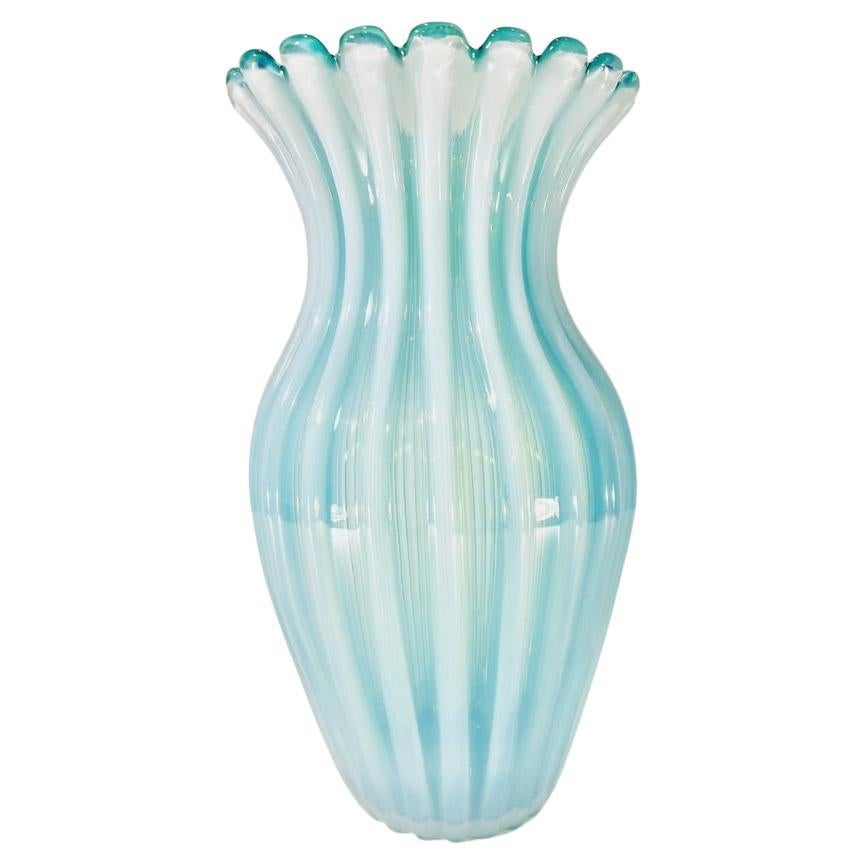Archimede Seguso vase in Murano glass "Opalino Costolato" circa 1950 For Sale