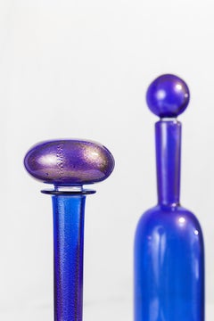 Archimede Seguso Venetian Murano Glass Set of Three Bottles Blue 1970 circa