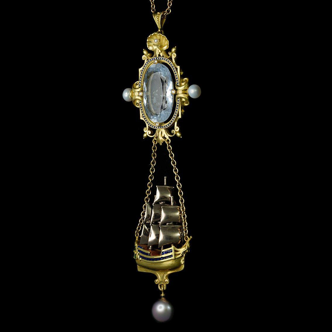 Aquamarine, Diamonds, Pearls, Enamel, 18kt Gold Antique Style Pendant Necklace For Sale 4