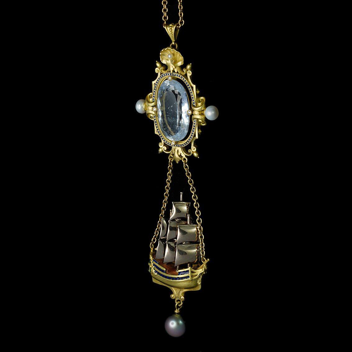 Aquamarine, Diamonds, Pearls, Enamel, 18kt Gold Antique Style Pendant Necklace For Sale 6