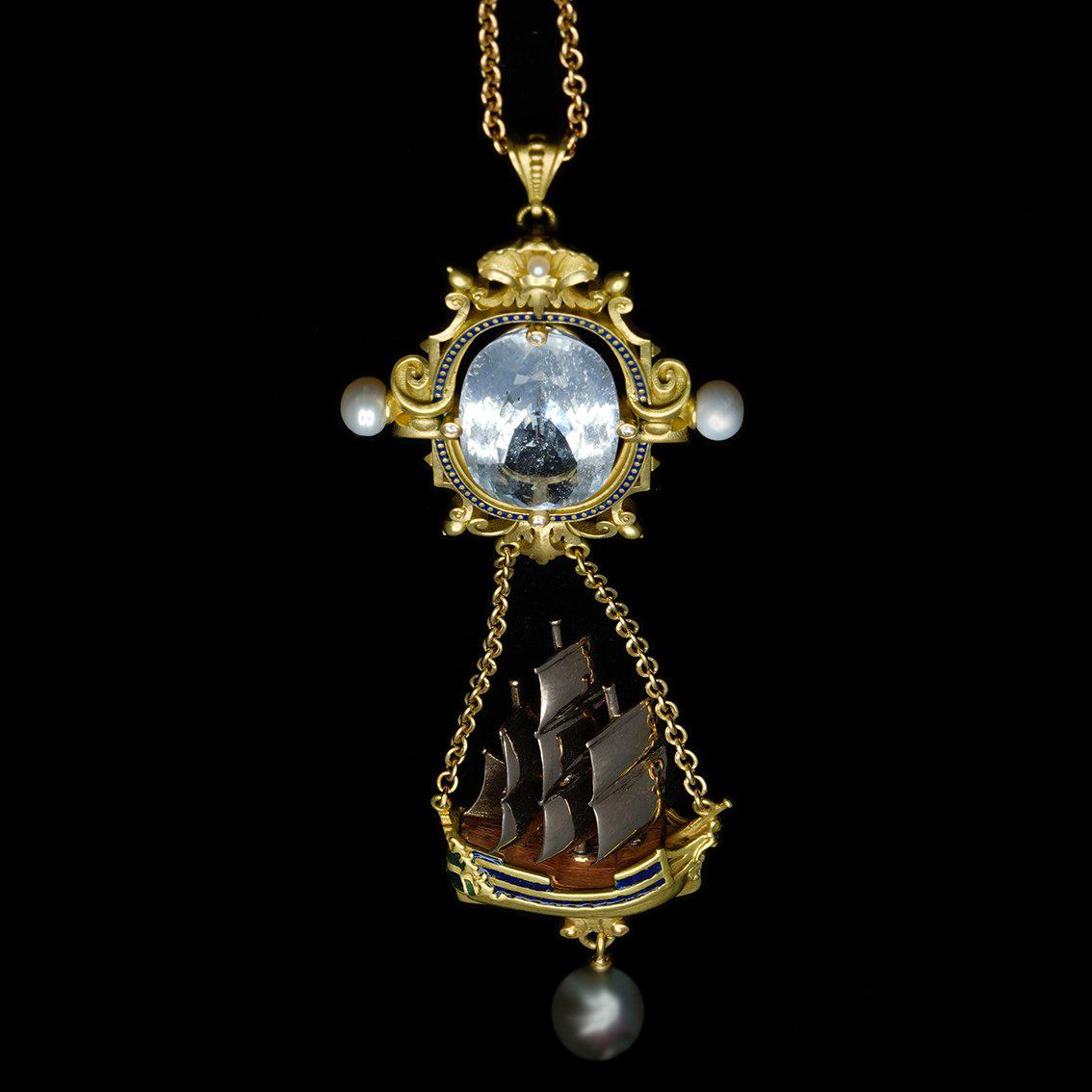 Aquamarine, Diamonds, Pearls, Enamel, 18kt Gold Antique Style Pendant Necklace For Sale 7