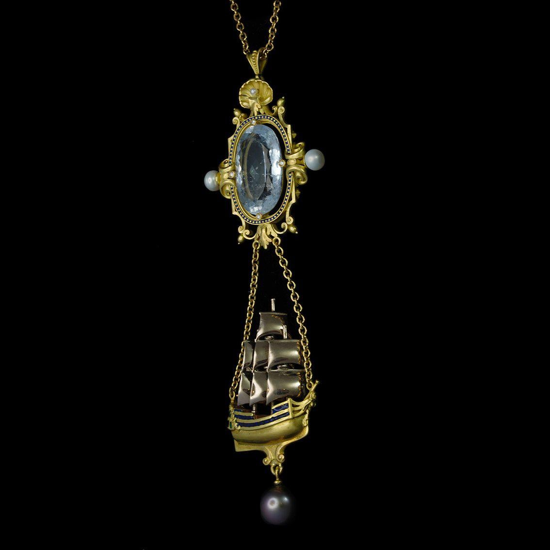 Aquamarine, Diamonds, Pearls, Enamel, 18kt Gold Antique Style Pendant Necklace For Sale 9