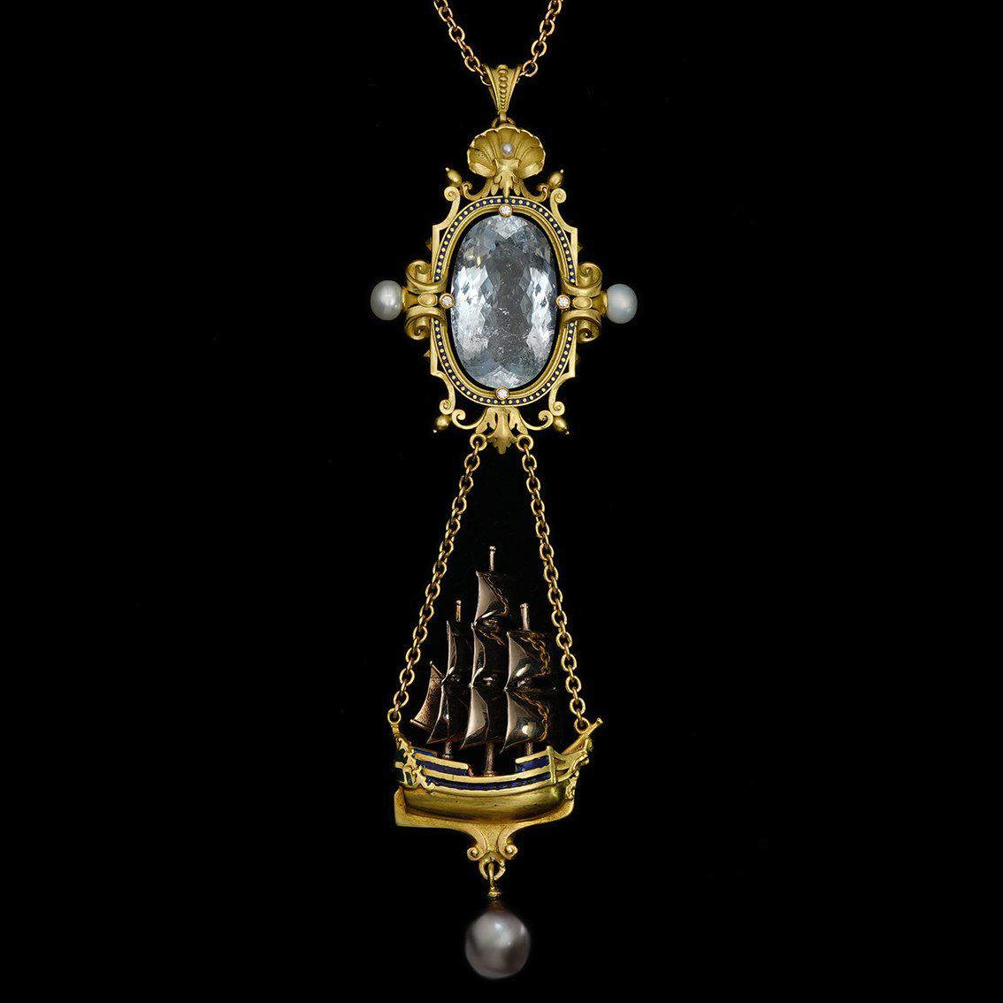 Aquamarine, Diamonds, Pearls, Enamel, 18kt Gold Antique Style Pendant Necklace For Sale 3