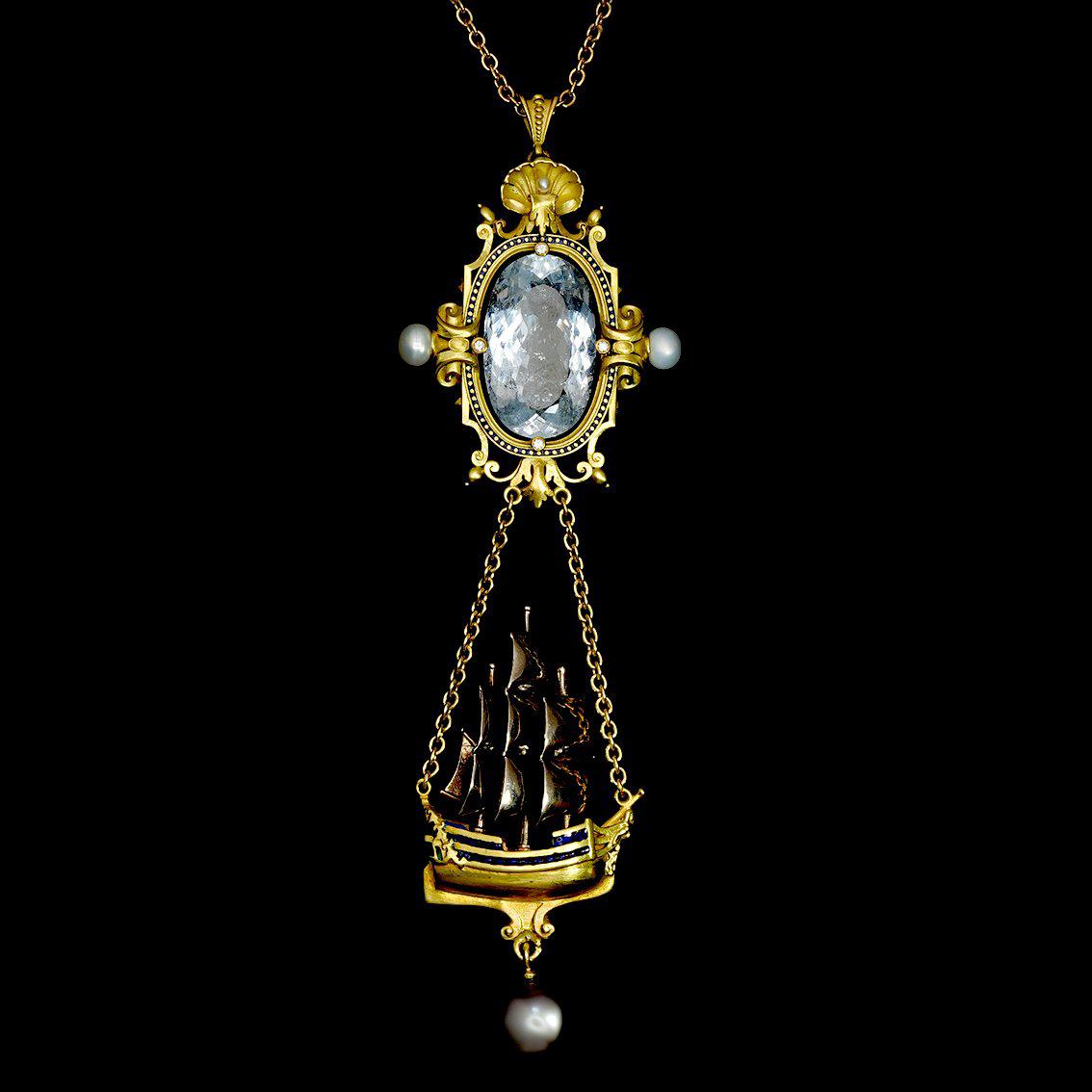 Aquamarine, Diamonds, Pearls, Enamel, 18kt Gold Antique Style Pendant Necklace For Sale 5