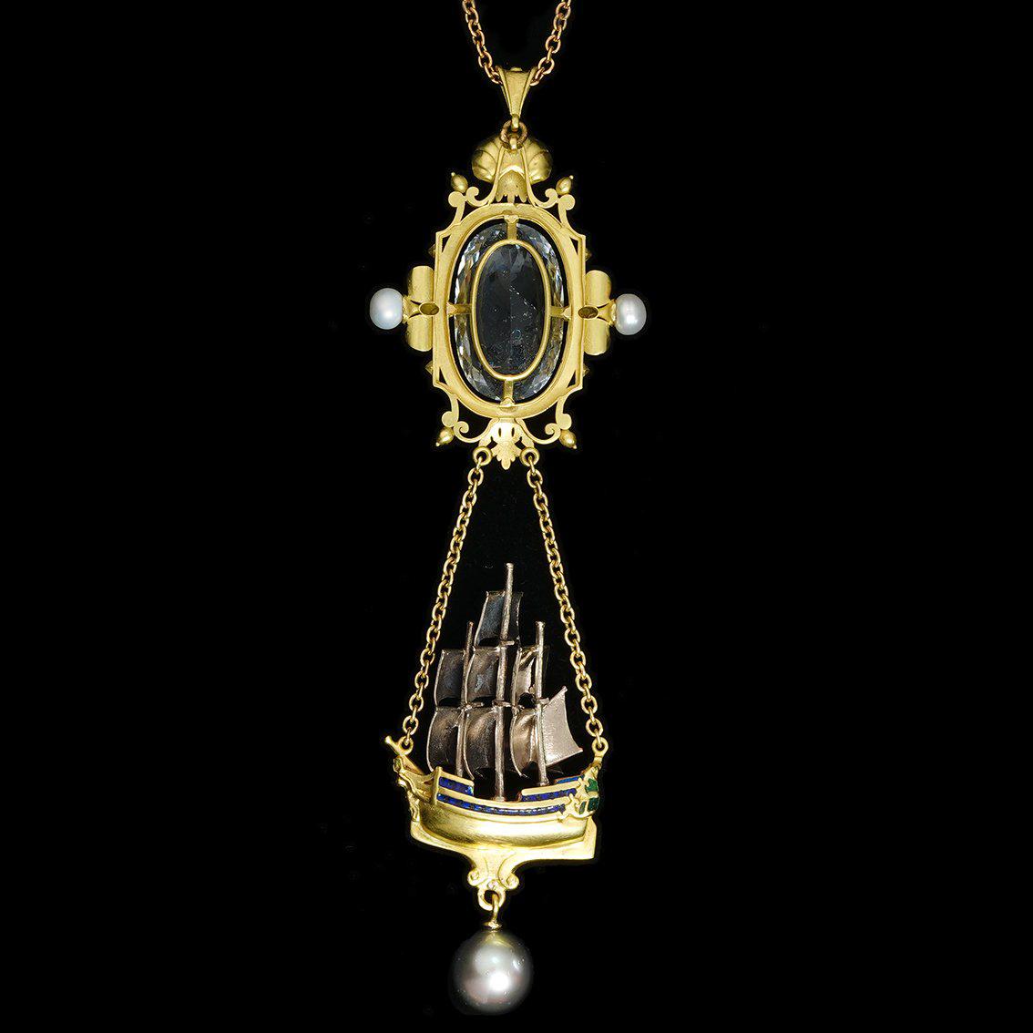Aquamarine, Diamonds, Pearls, Enamel, 18kt Gold Antique Style Pendant Necklace For Sale 11