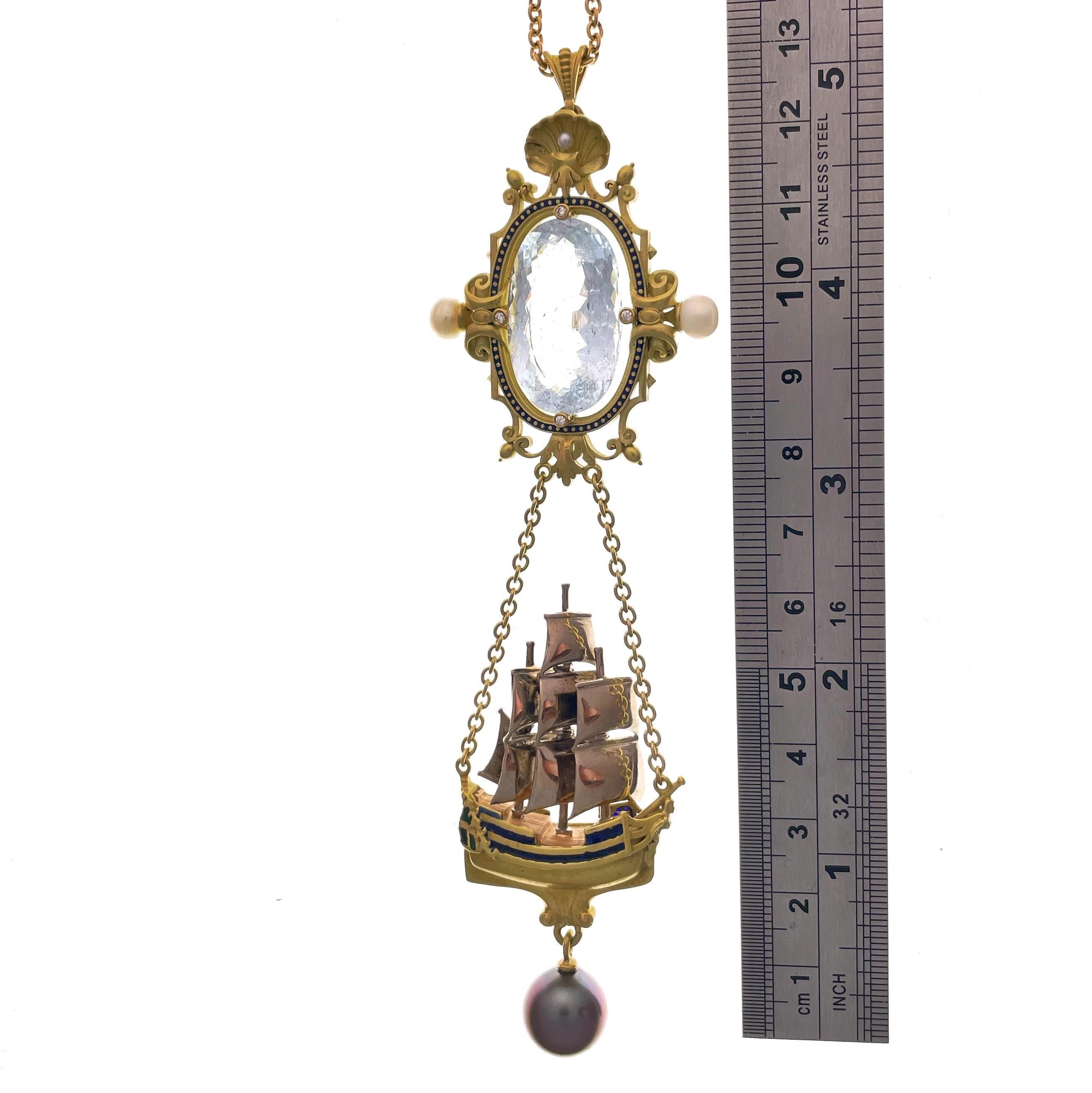 Aquamarine, Diamonds, Pearls, Enamel, 18kt Gold Antique Style Pendant Necklace For Sale 2