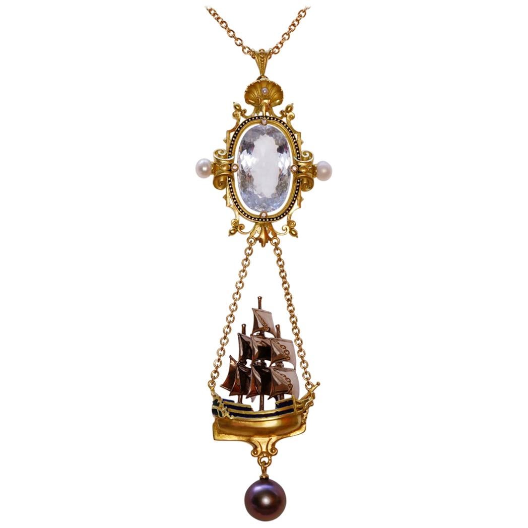 Aquamarine, Diamonds, Pearls, Enamel, 18kt Gold Antique Style Pendant Necklace For Sale