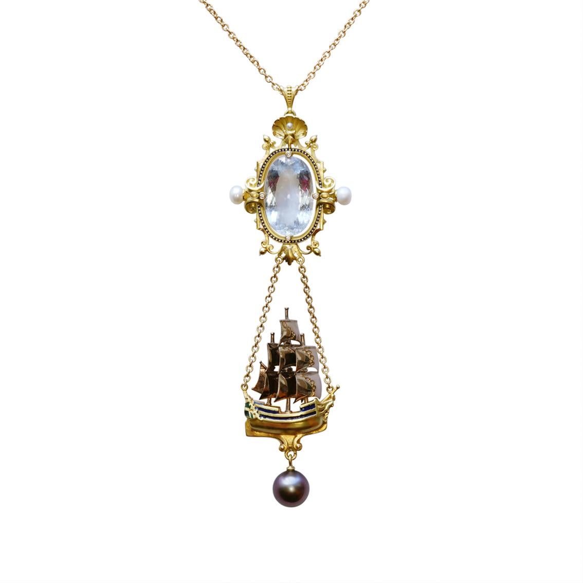 18kt Yellow, Rose, & White Gold Ship Pendant Necklace with Aquamarine, White Diamonds, Tahitian Pearl, White Freshwater Pearls and Vitreous Enamel on an 18kt Yellow Gold Oval Trace Chain (18