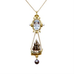 Aquamarine, Diamonds, Pearls, Enamel, 18kt Gold Antique Style Pendant Necklace