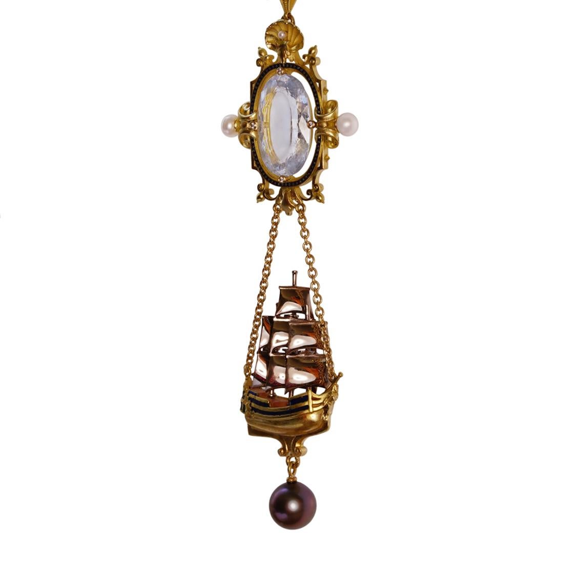 Victorian Aquamarine, Diamonds, Pearls, Enamel, 18kt Gold Antique Style Pendant Necklace For Sale