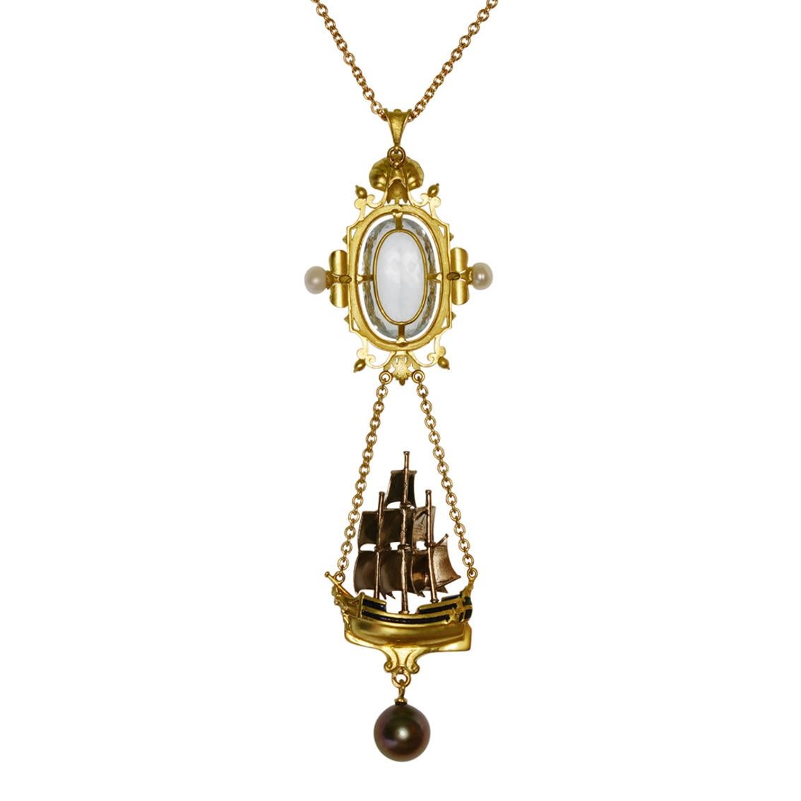 Oval Cut Aquamarine, Diamonds, Pearls, Enamel, 18kt Gold Antique Style Pendant Necklace For Sale