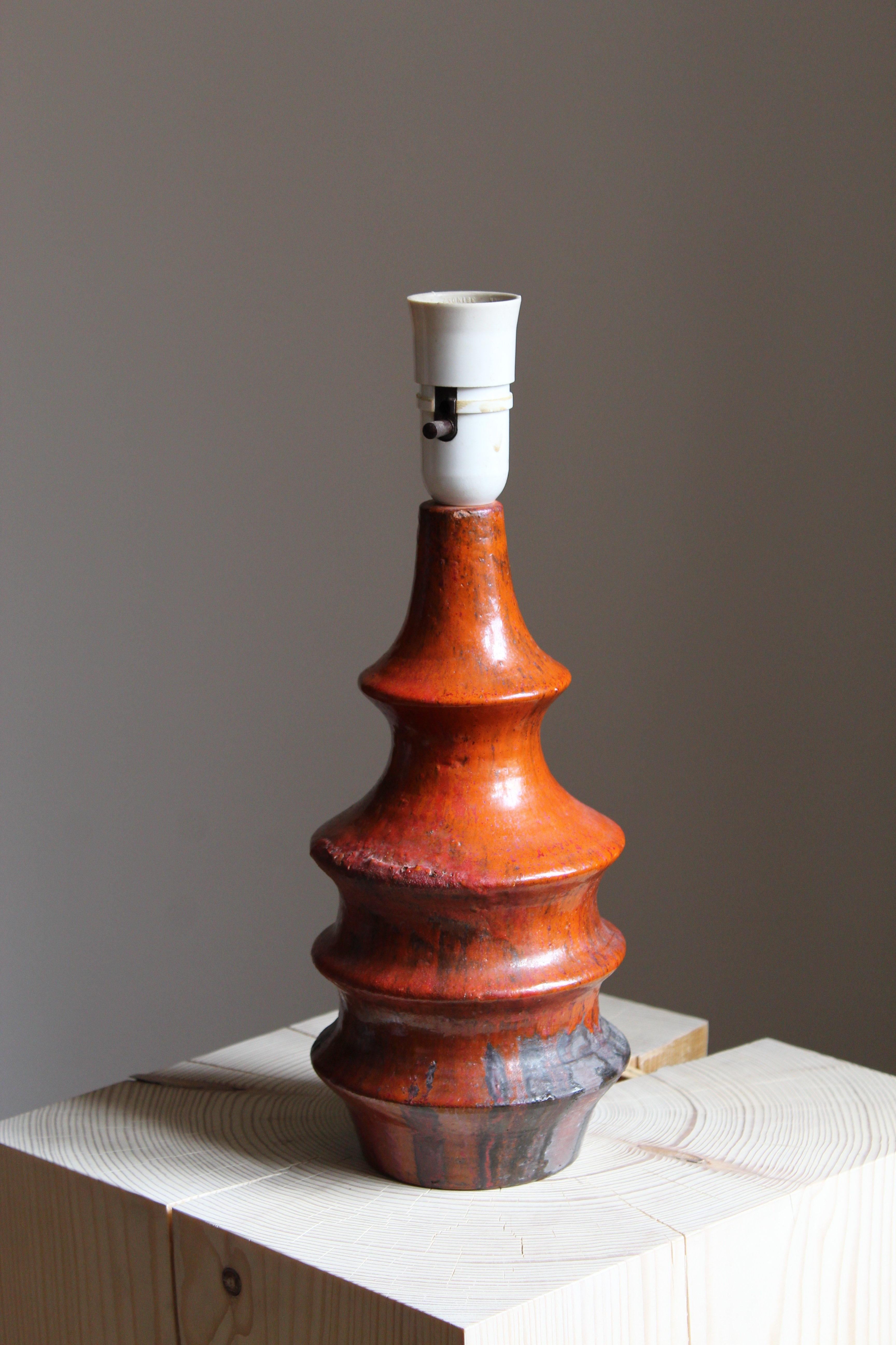 Scandinavian Modern Architect B. Wernon, Studio Table Lamp, Red Glazed Stoneware, Denmark, 1940s