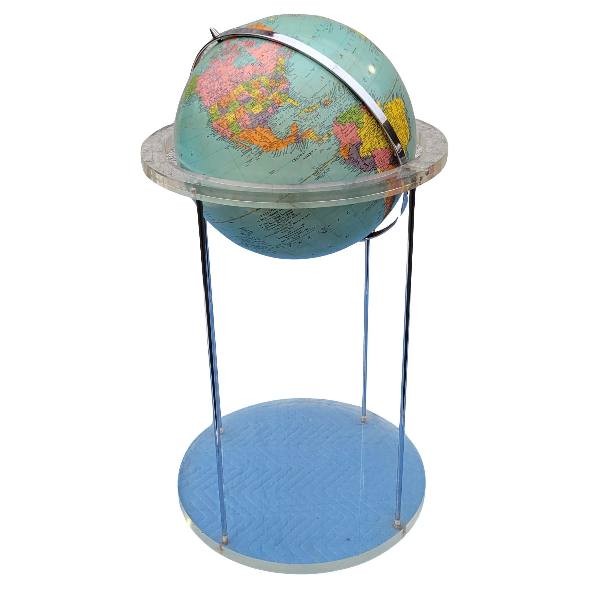 Architect Designed Lucite and Chrome Standing 16" Lighted World Globe For Sale