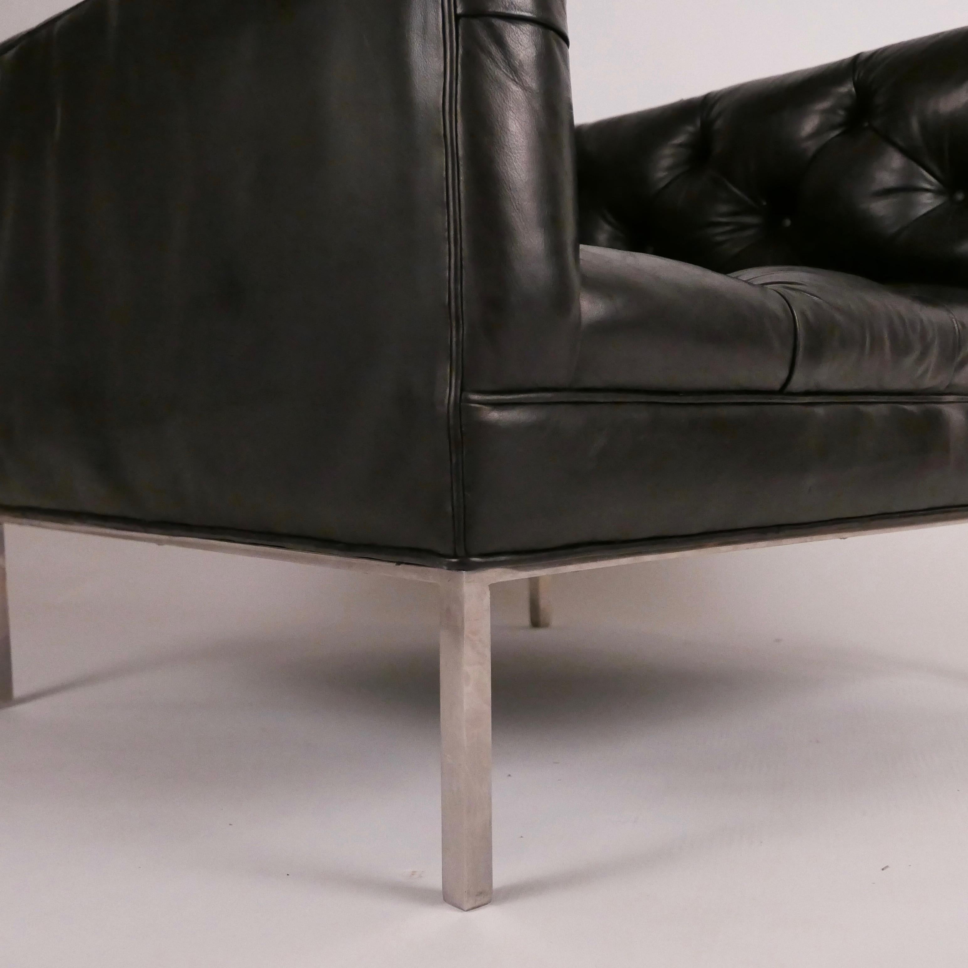 Mid-Century Modern Architect Pair of Tufted Leather and Solid Stainless Steel Tuxedo Club Chairs