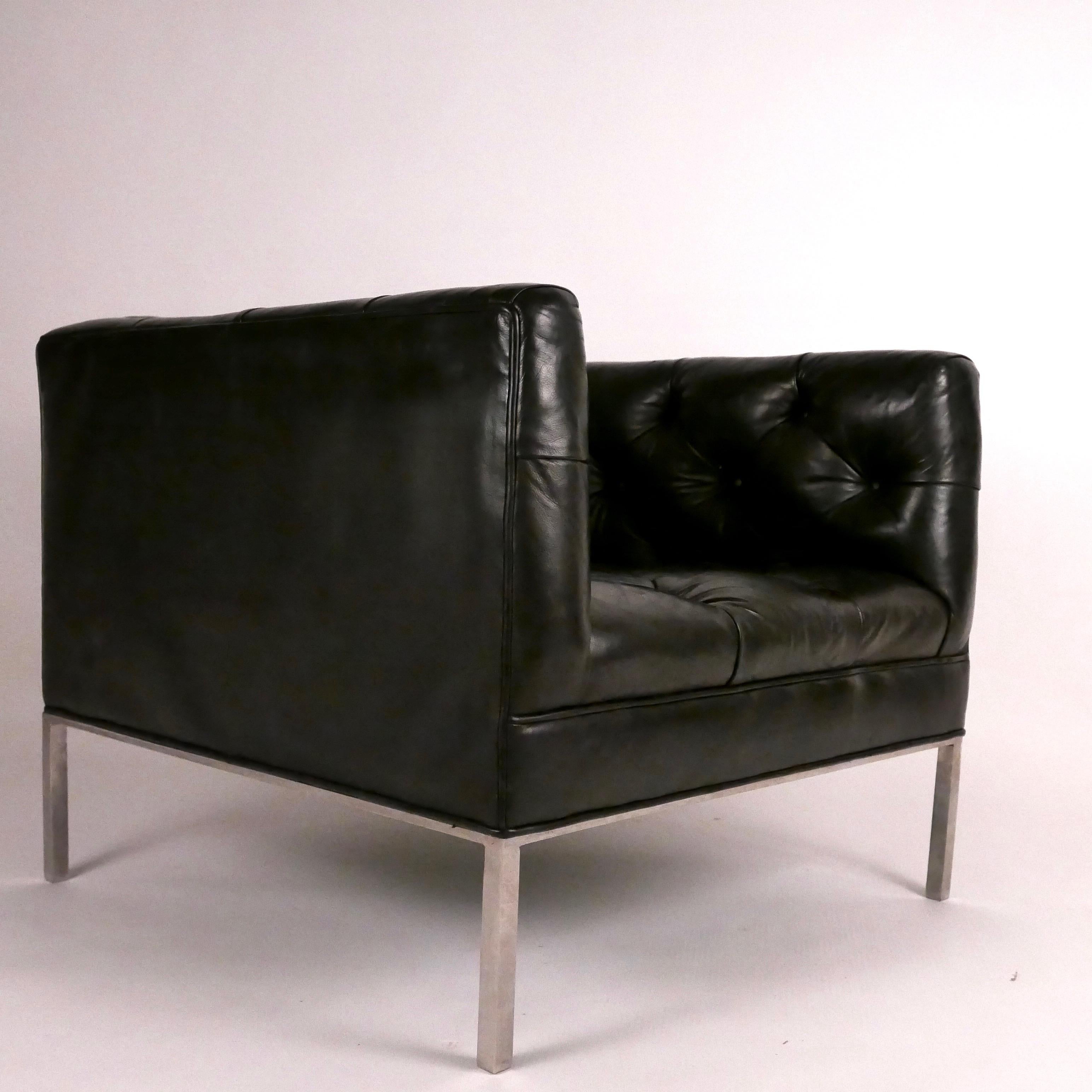 American Architect Pair of Tufted Leather and Solid Stainless Steel Tuxedo Club Chairs