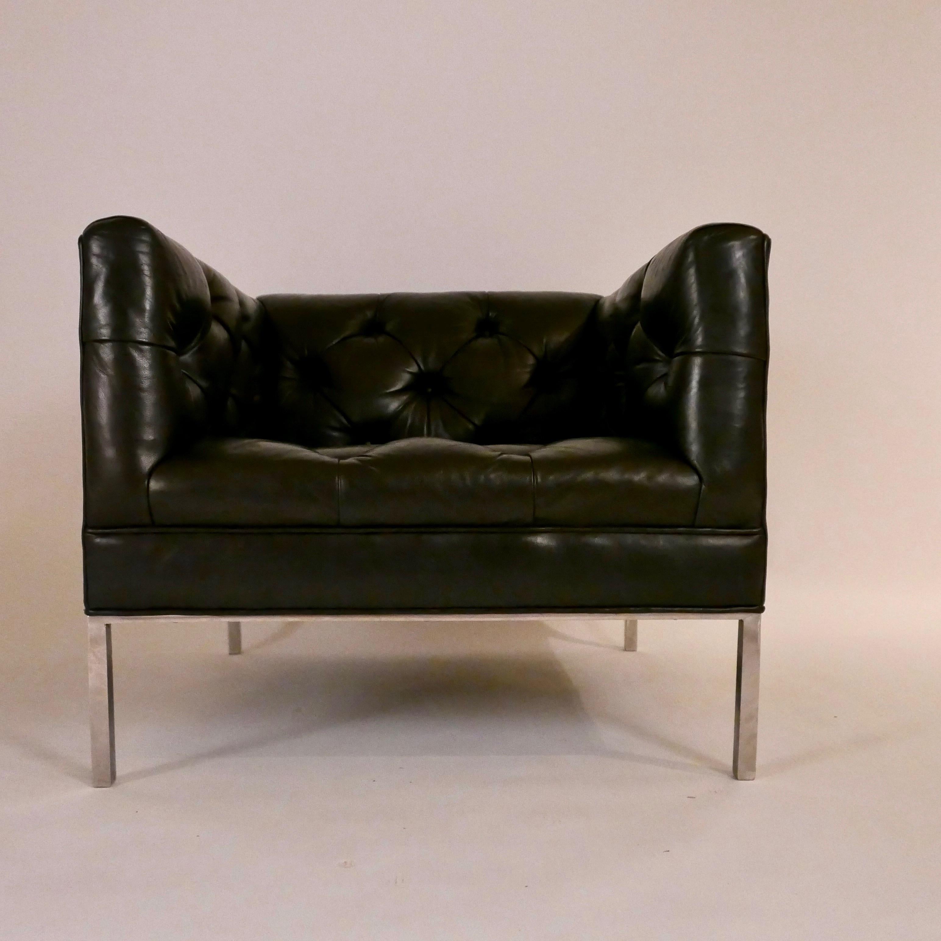 Architect Pair of Tufted Leather and Solid Stainless Steel Tuxedo Club Chairs 2