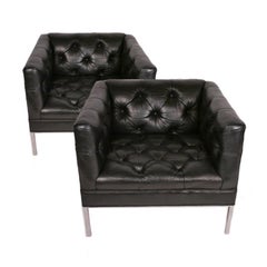 Architect Pair of Tufted Leather and Solid Stainless Steel Tuxedo Club Chairs