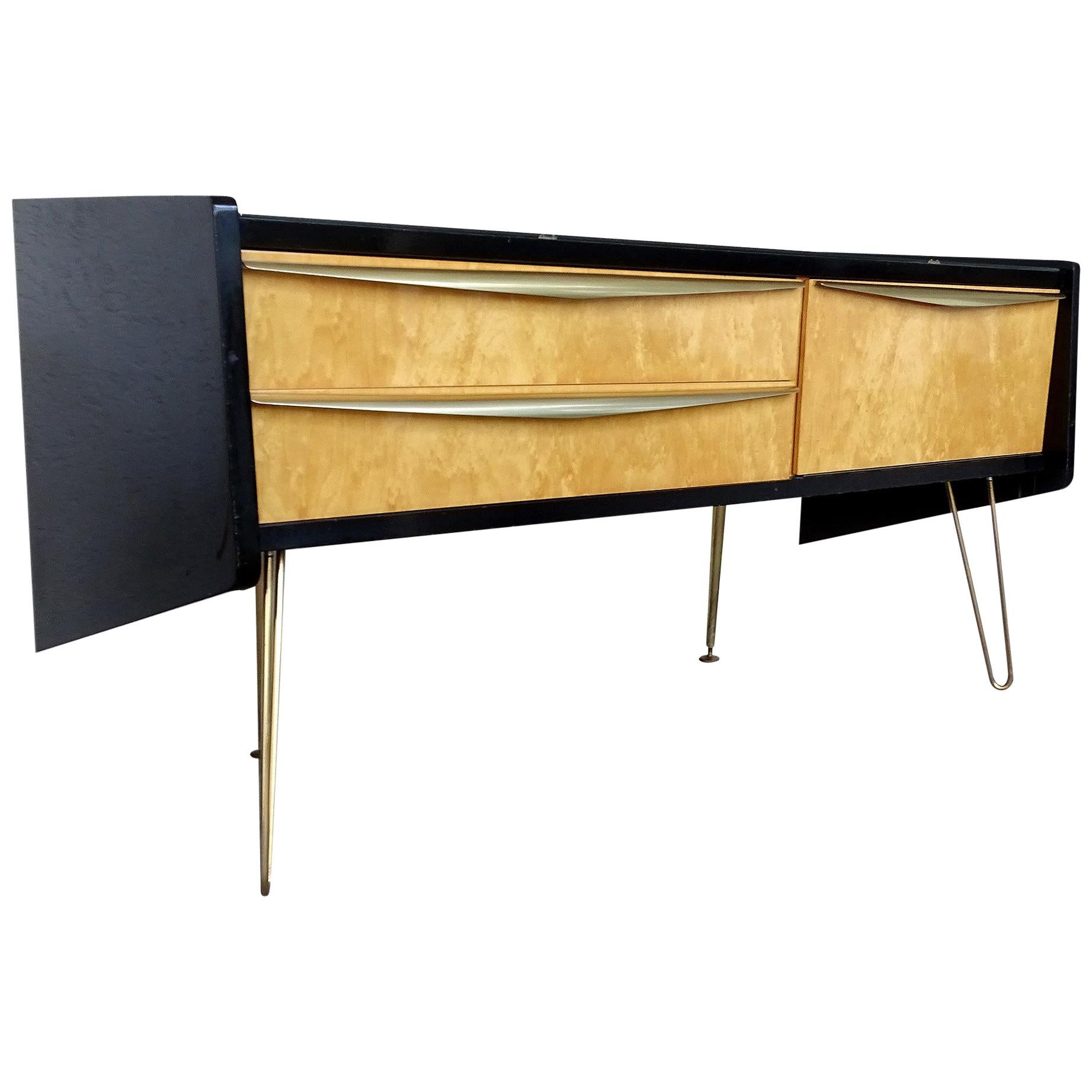 Mid Century Black Blond Wood Sideboard, Vereinigte Werkstätten, 1950s For Sale