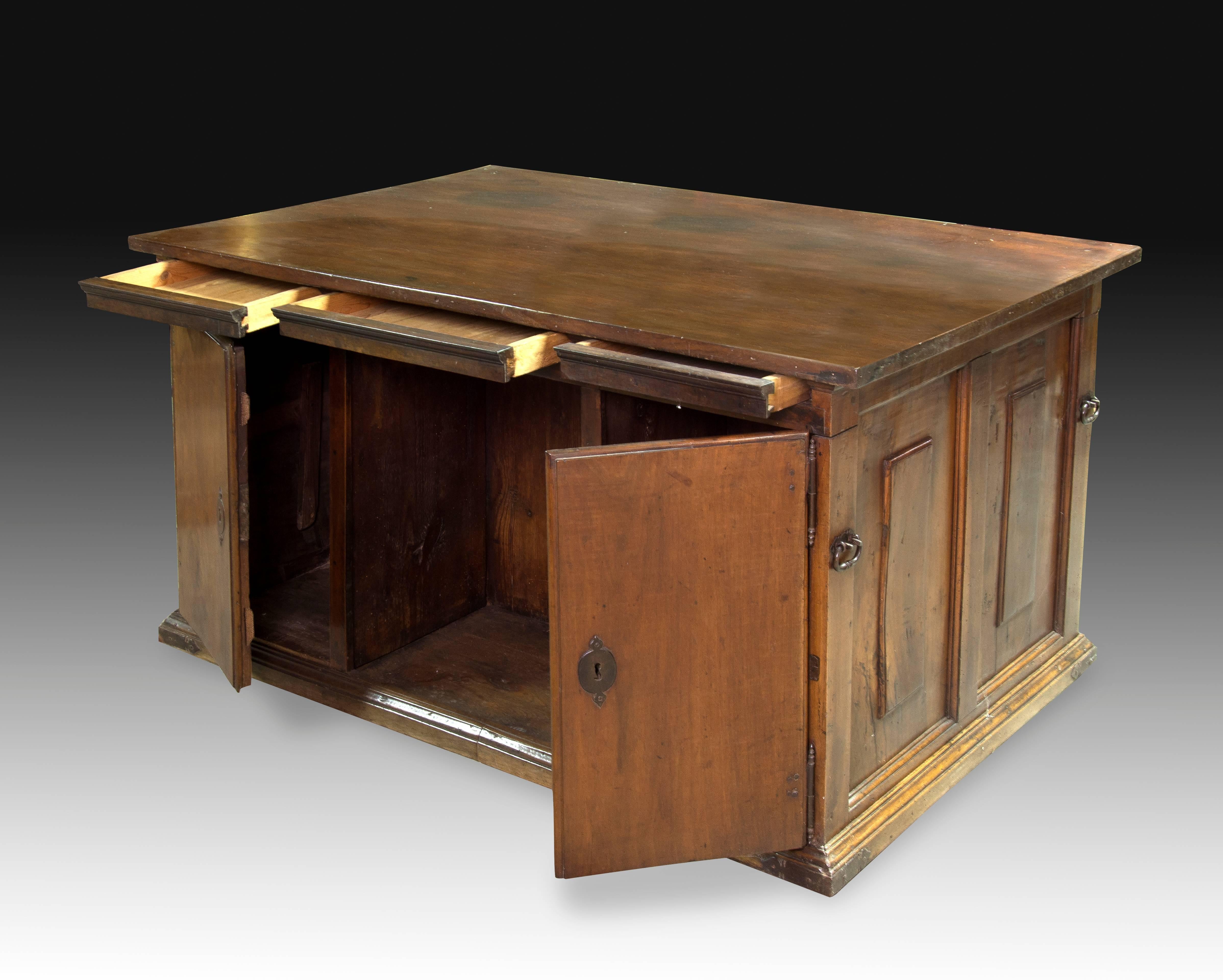 Neoclassical Architect’s Desk. Walnut; Mahogany Tabletop; Metal, 18th Century