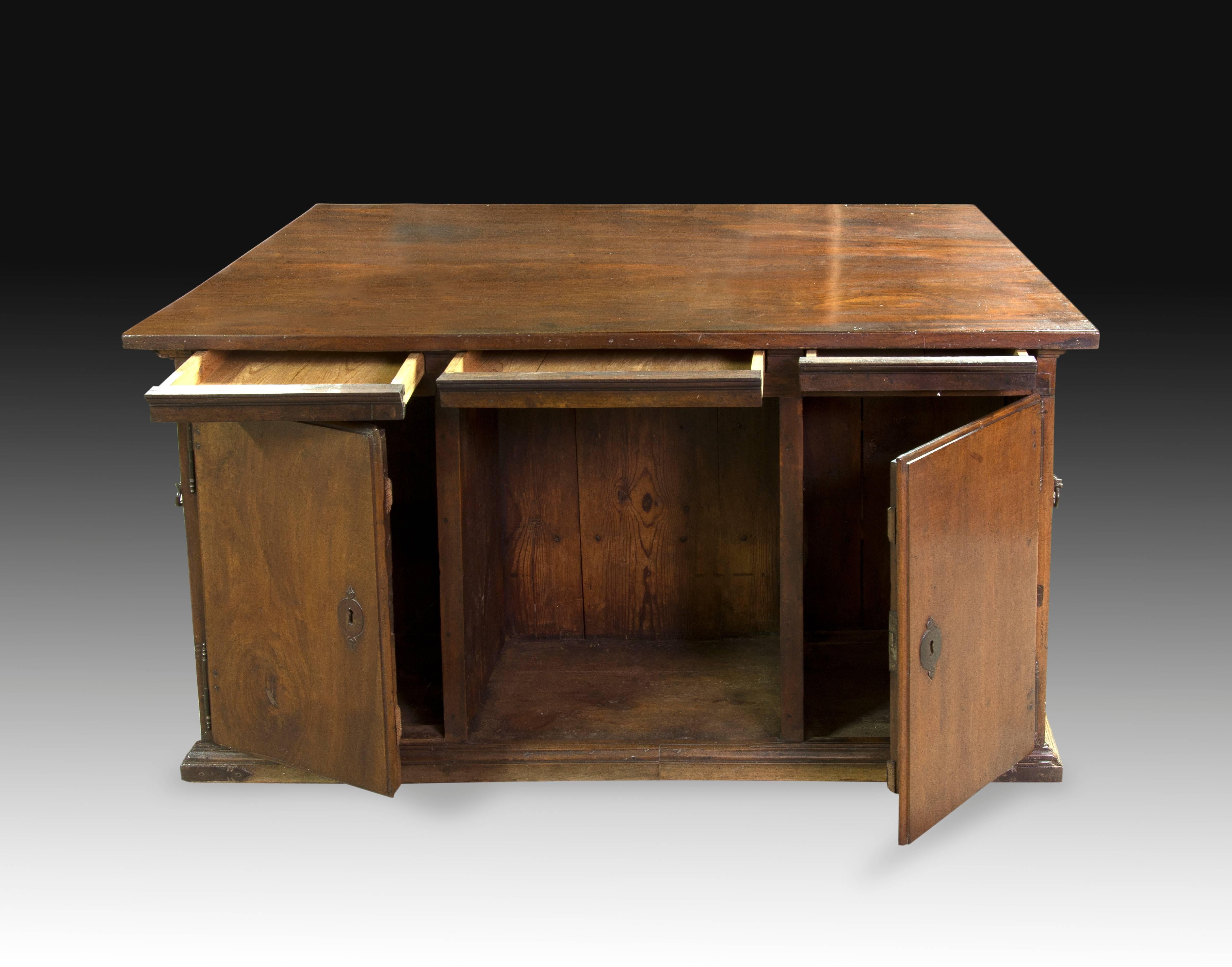 European Architect’s Desk. Walnut; Mahogany Tabletop; Metal, 18th Century