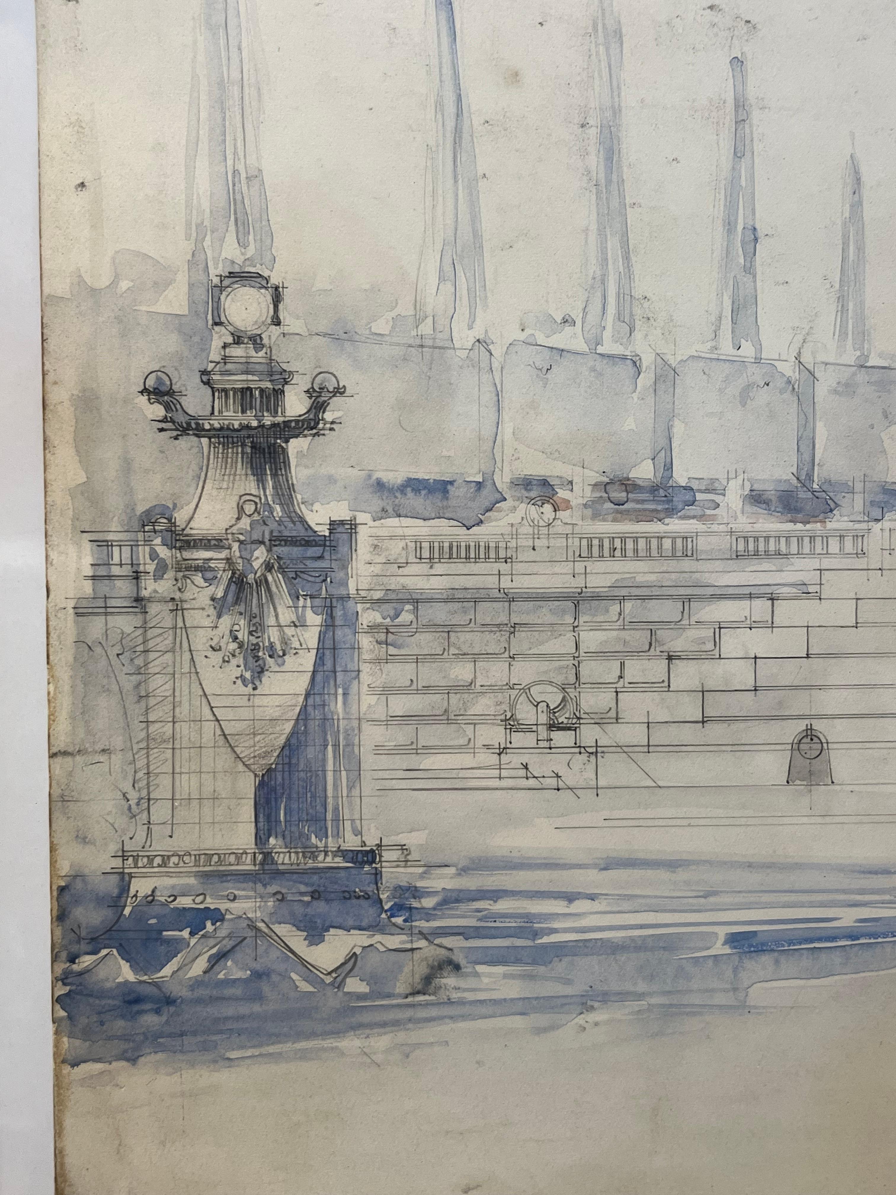 French Architect's Sketch - Framed - France - 19th Century For Sale