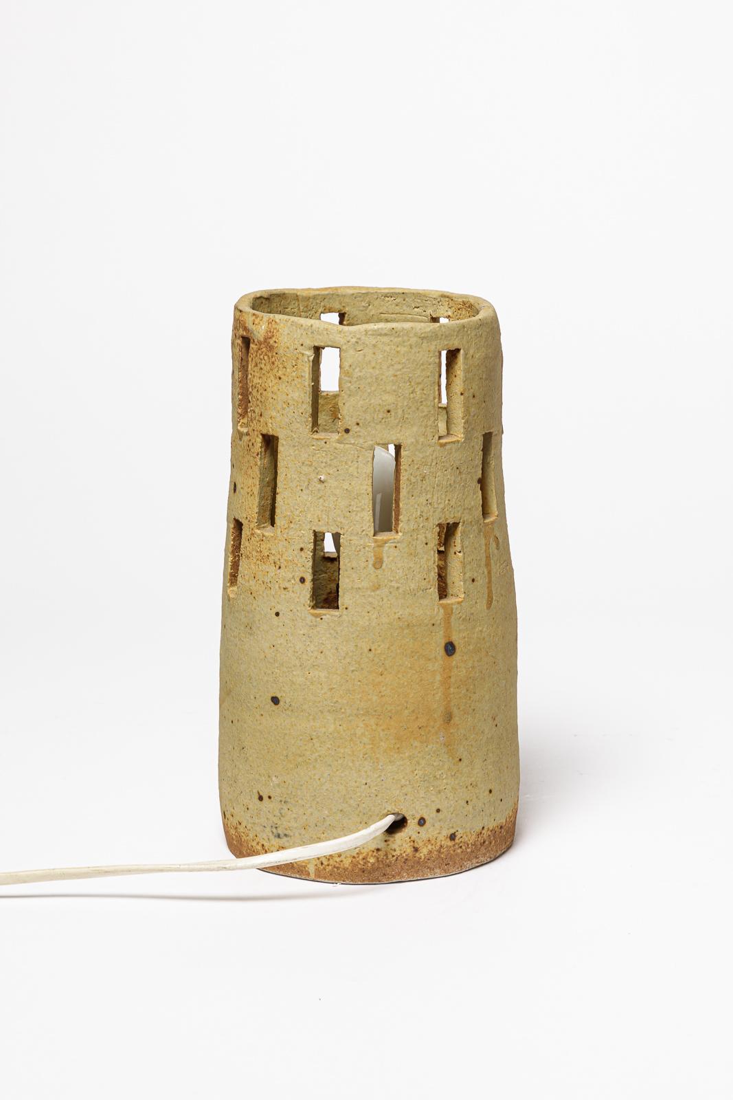 French Architectural 20th century design brown ceramic table lamp signed ML La Borne For Sale