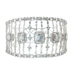 Architectural 8.00 Carat Round & Emerald-Cut Diamond Wide Bangle Bracelet in 18K