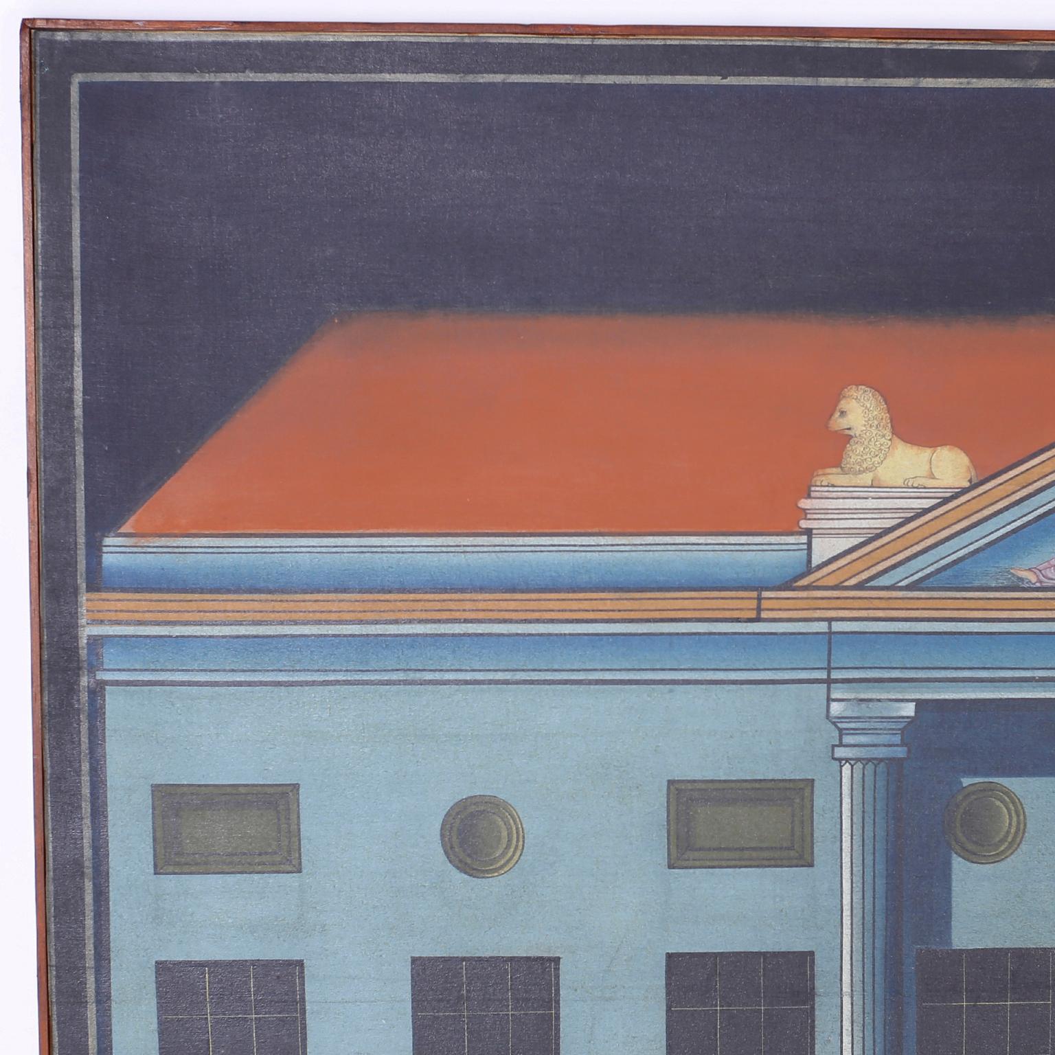 Here we have a serious painting that flaunts classical architecture in an efficient disciplined technique, but the whimsical nature of the figures atop the building add a humorous element and an emotional complexity. Presented in the original wood