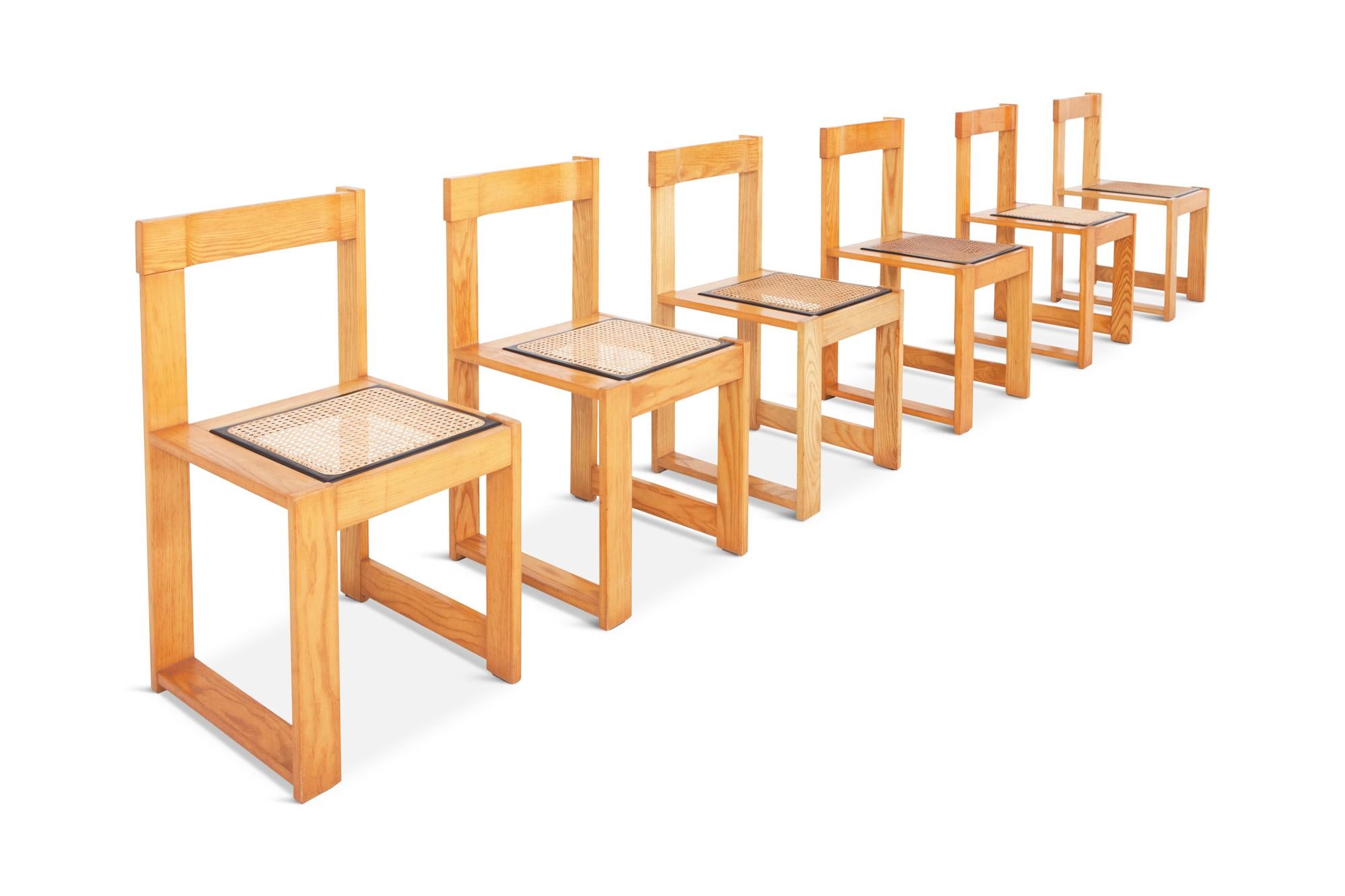 Mid-Century Modern Italian post-modern dining chairs in pine, set of six