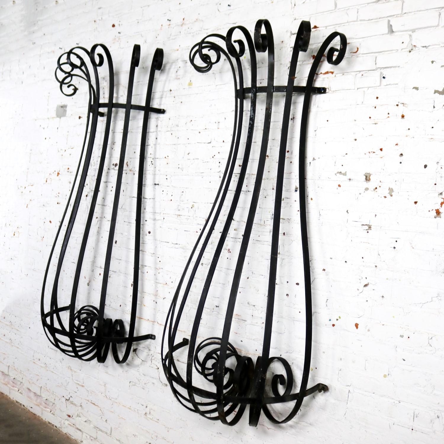 Baroque Revival Architectural Antique Window Guards or Wall Urn Planters Hand-Wrought Iron